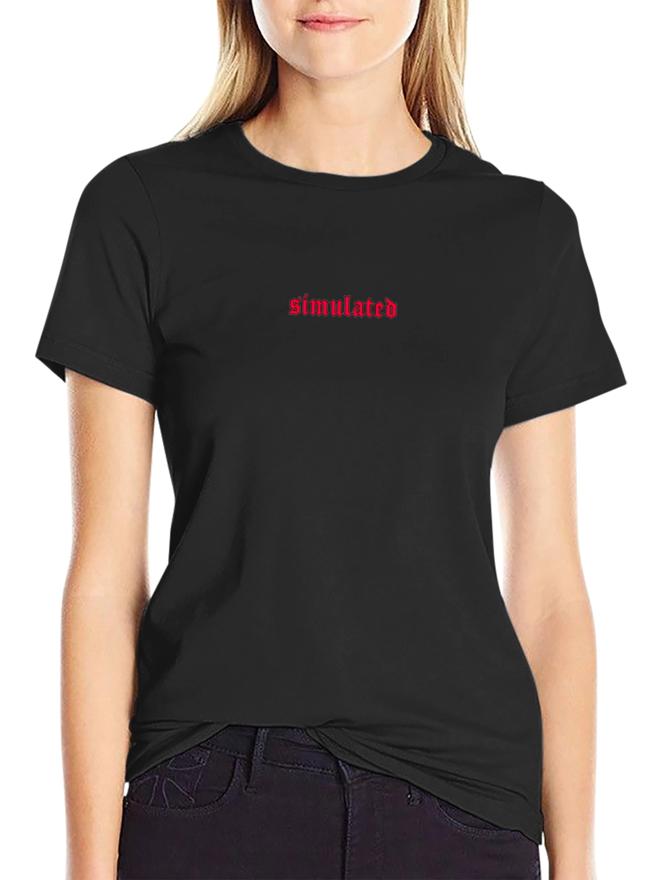 Simulated Red Text Black T-Shirt