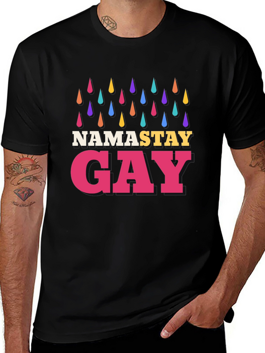 Namastay Gay Black T-Shirt with Rainbow Raindrops