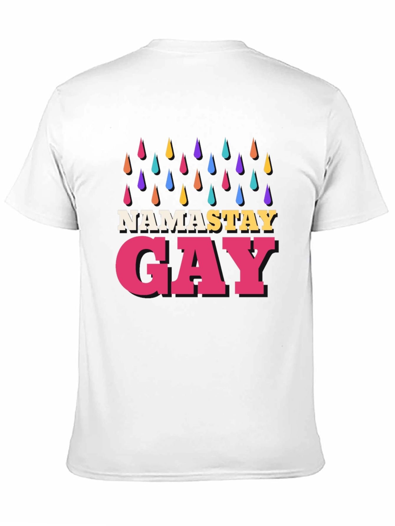 Namastay Gay Black T-Shirt with Rainbow Raindrops