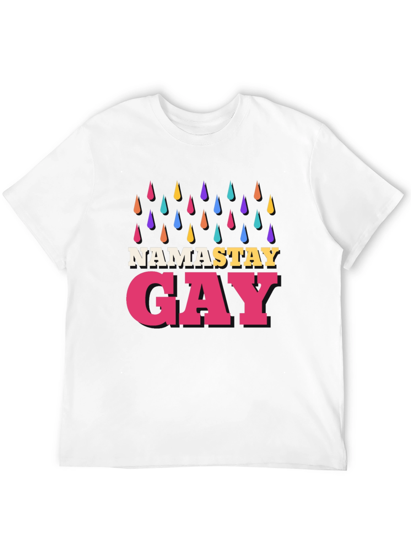 Namastay Gay Black T-Shirt with Rainbow Raindrops