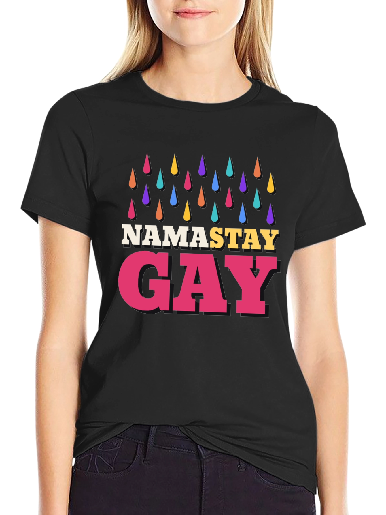 Namastay Gay Black T-Shirt with Rainbow Raindrops