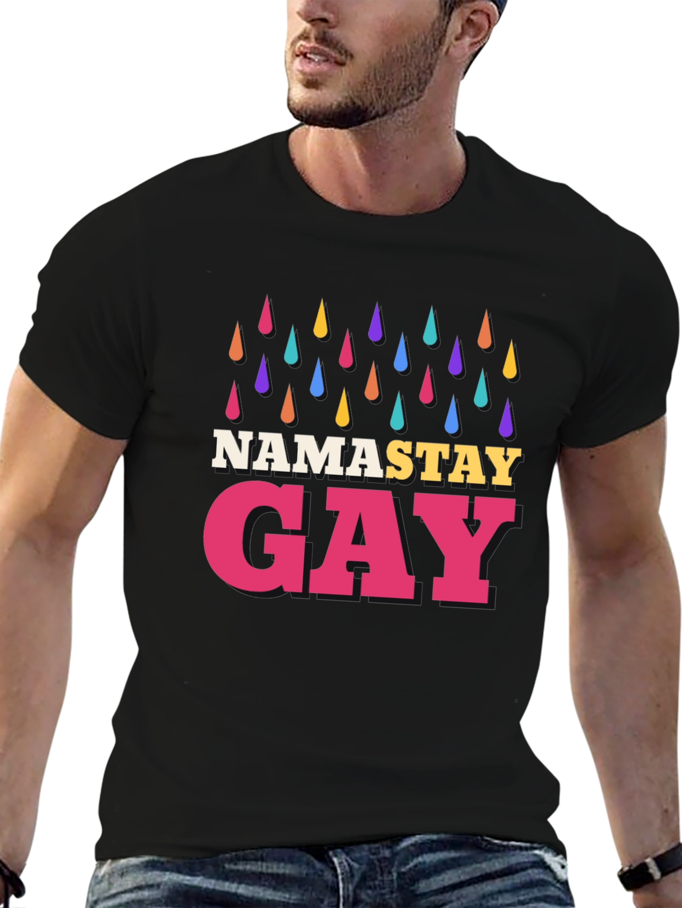 Namastay Gay Black T-Shirt with Rainbow Raindrops