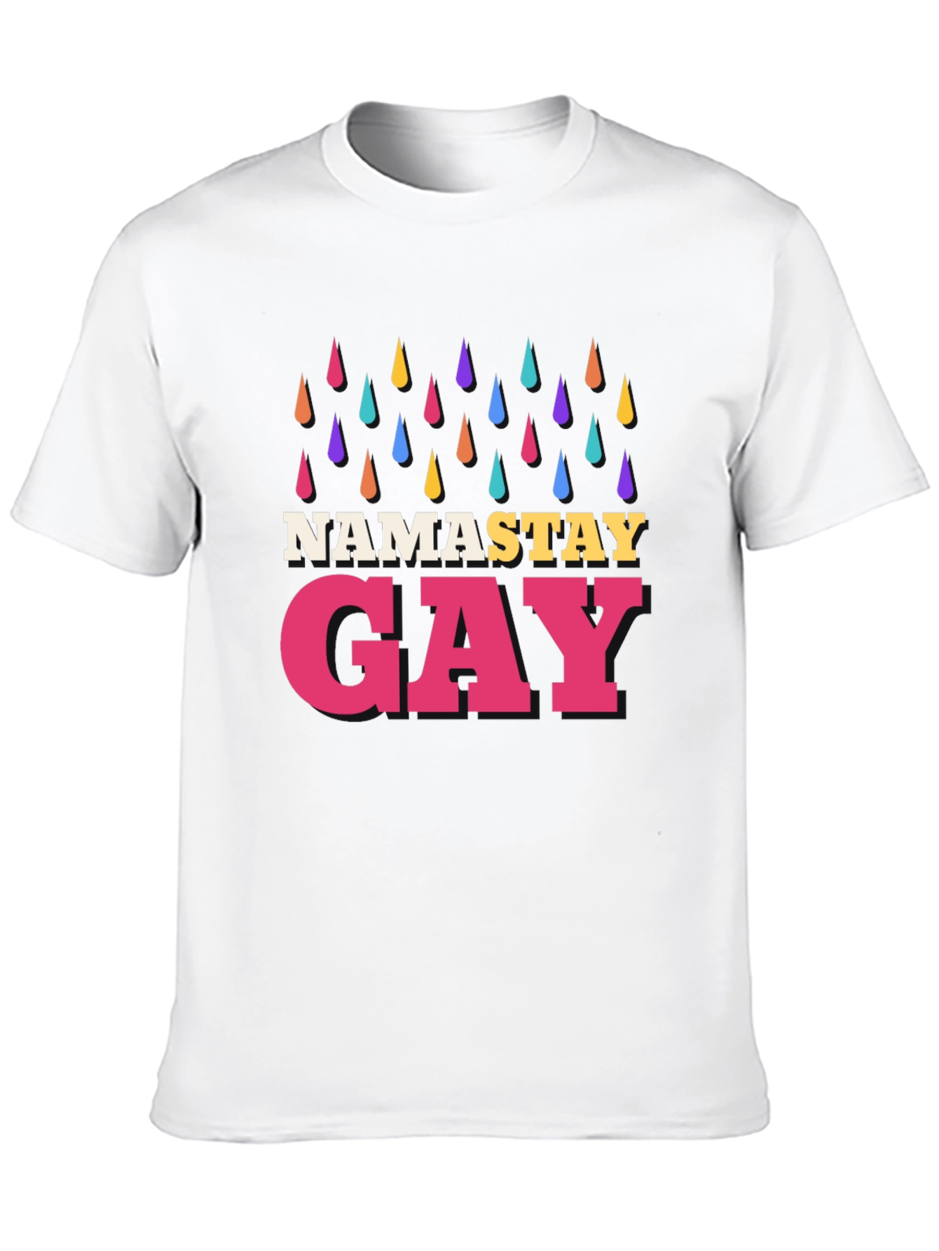 Namastay Gay Black T-Shirt with Rainbow Raindrops
