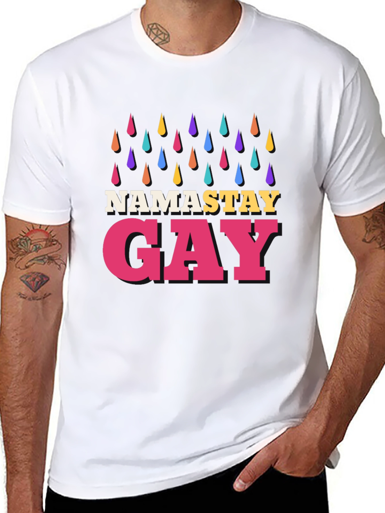 Namastay Gay Black T-Shirt with Rainbow Raindrops