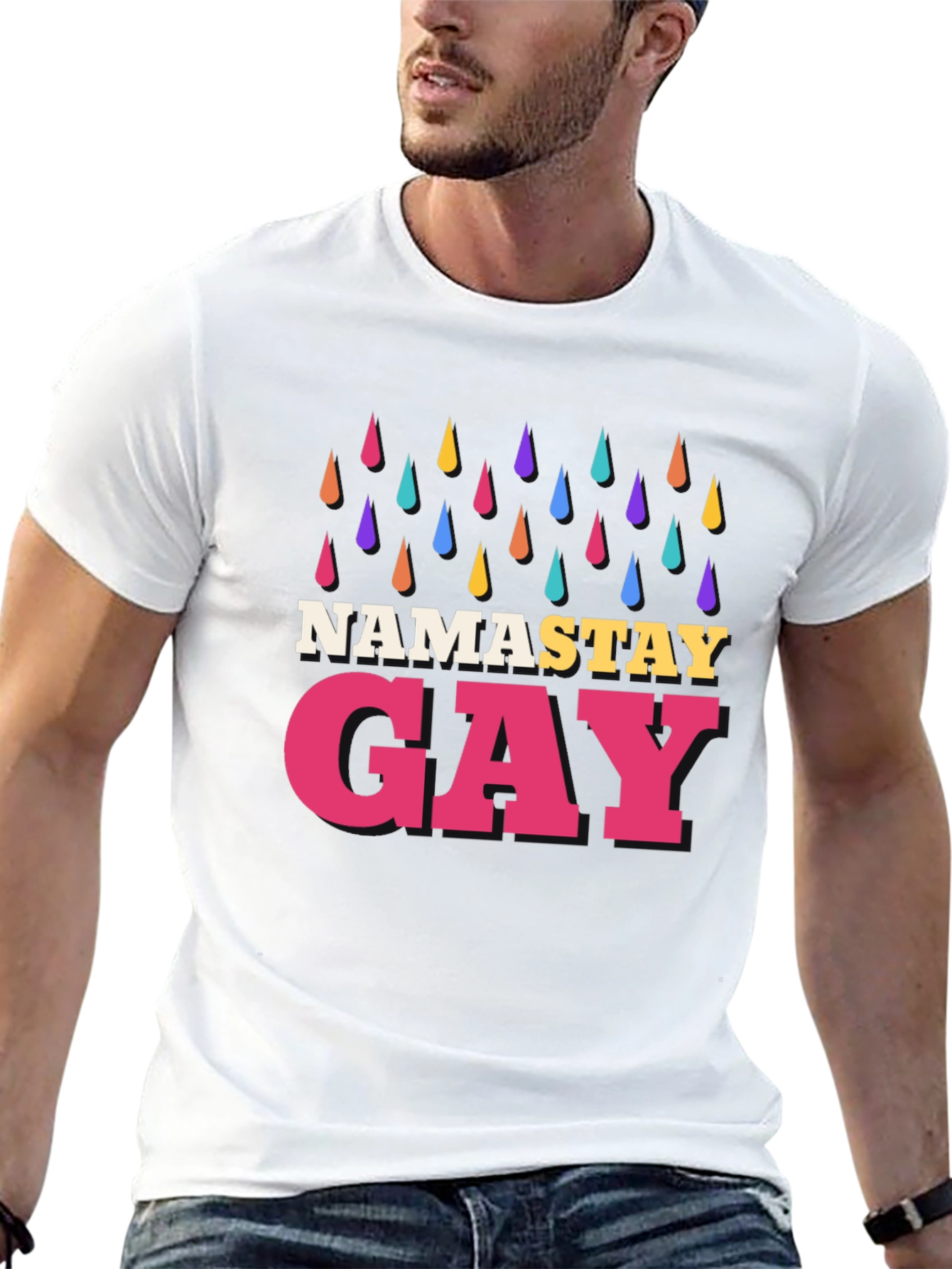 Namastay Gay Black T-Shirt with Rainbow Raindrops