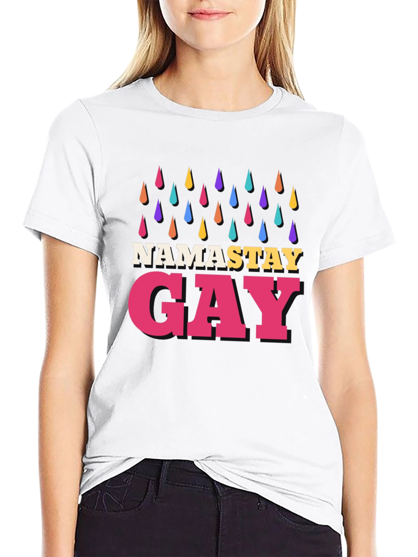 Namastay Gay Black T-Shirt with Rainbow Raindrops