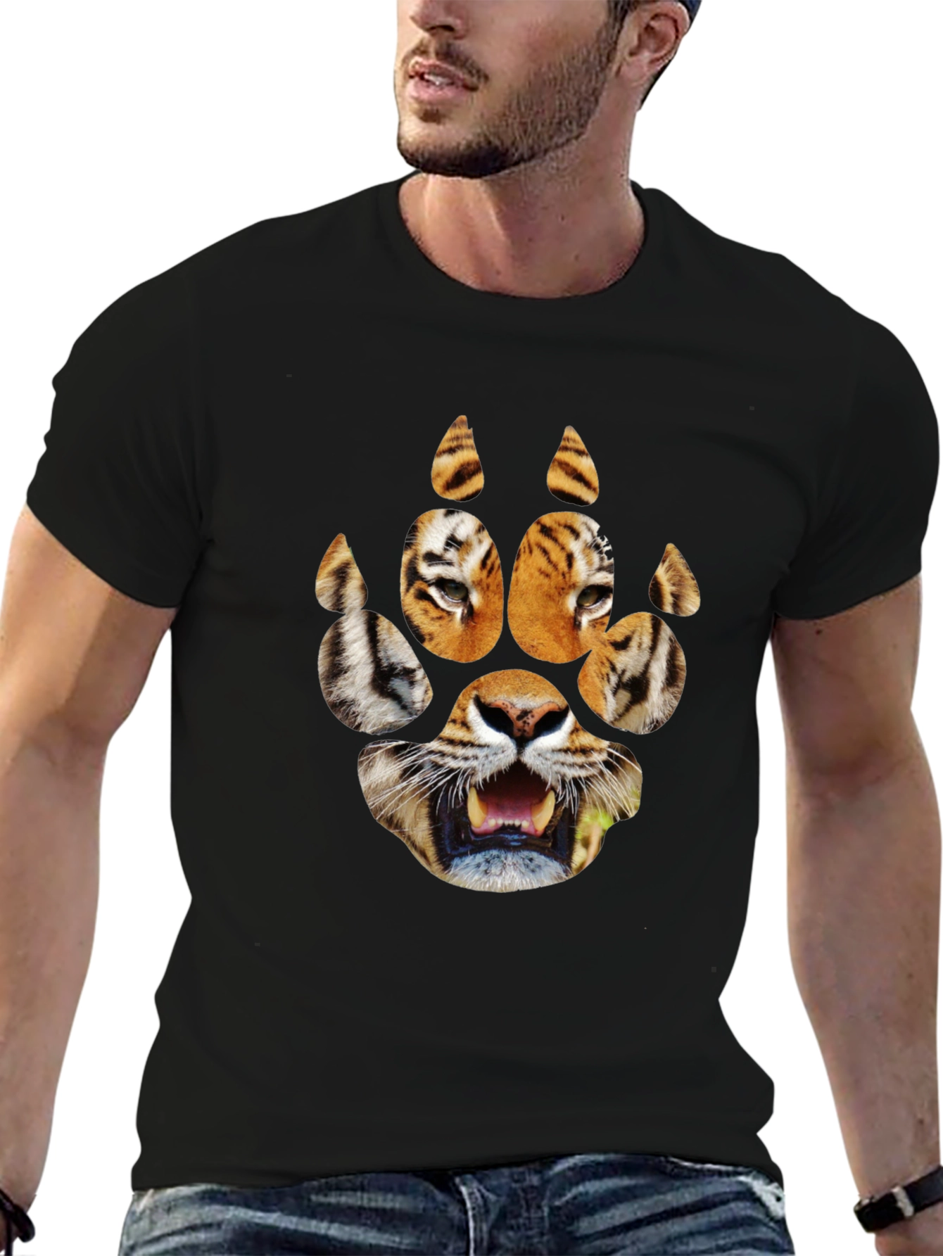Tiger Paw Print Graphic Tee - Black Cotton T-Shirt