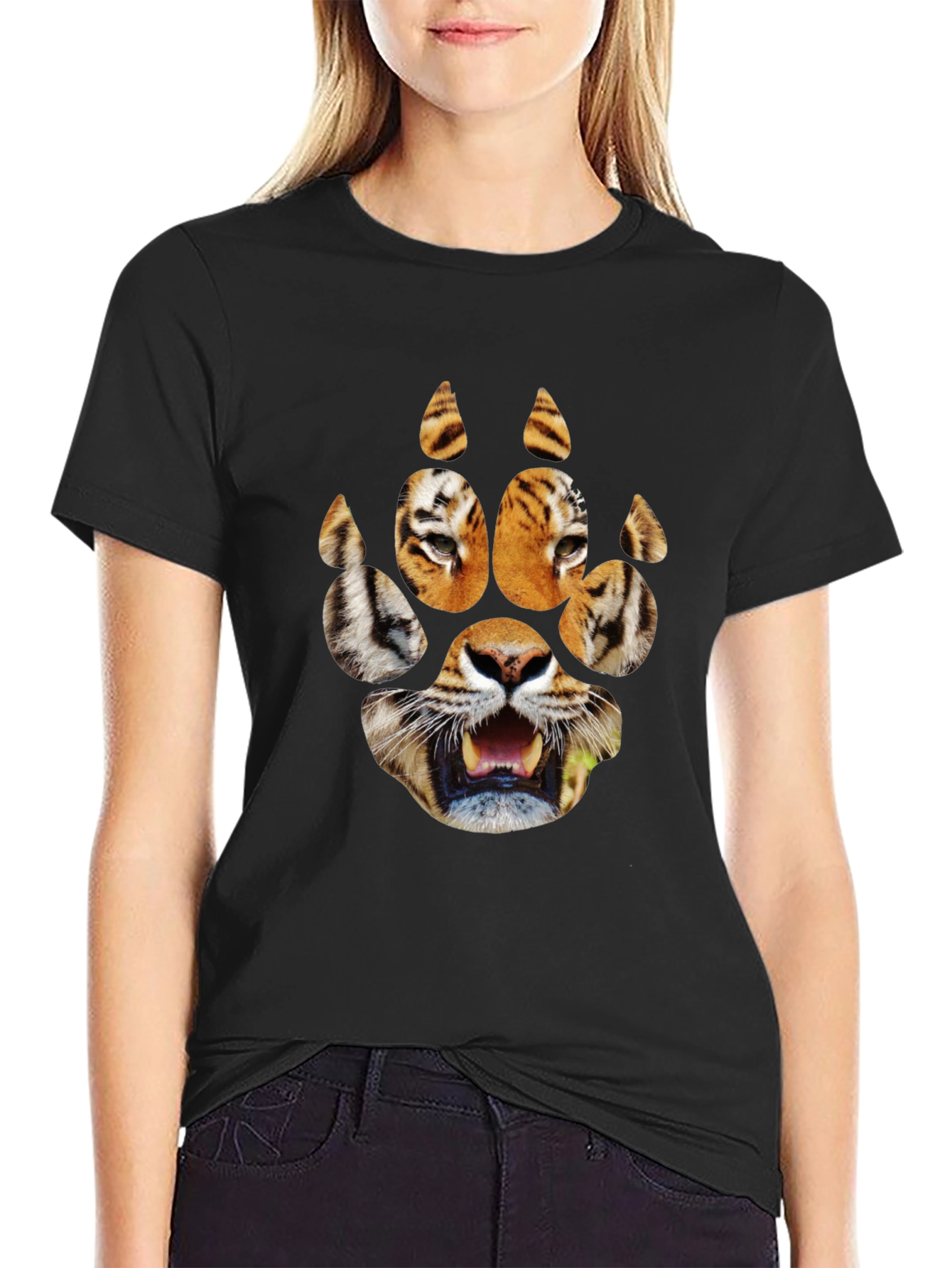 Tiger Paw Print Graphic Tee - Black Cotton T-Shirt