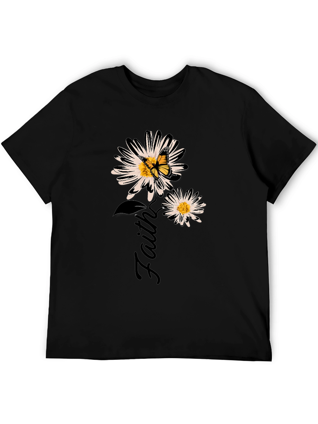 Faith Daisy Butterfly Black Graphic T-Shirt