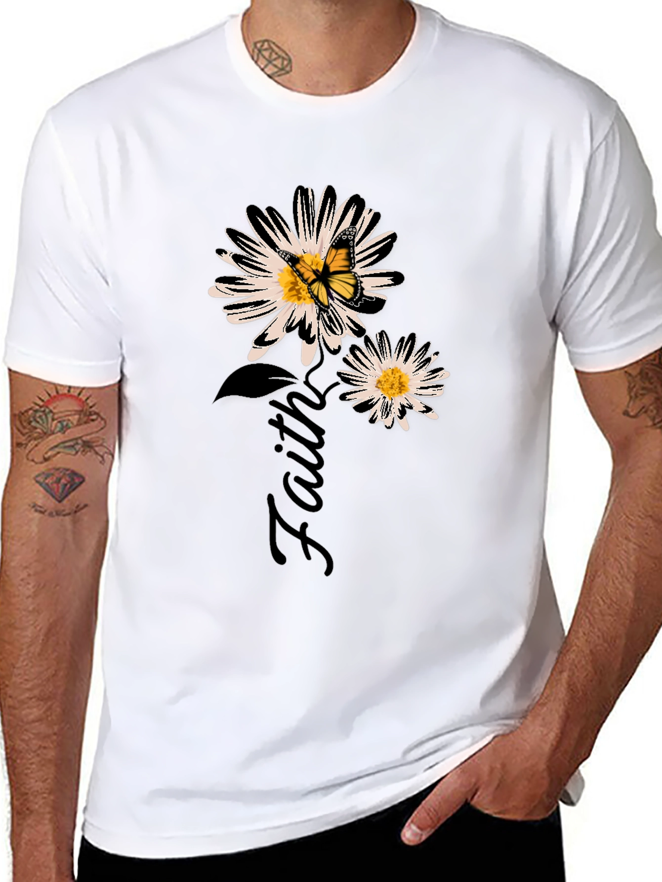 Faith Daisy Butterfly Black Graphic T-Shirt