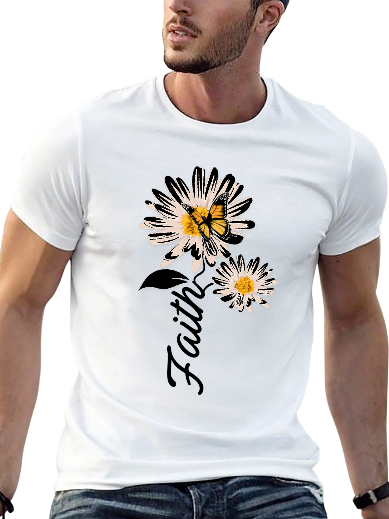 Faith Daisy Butterfly Black Graphic T-Shirt