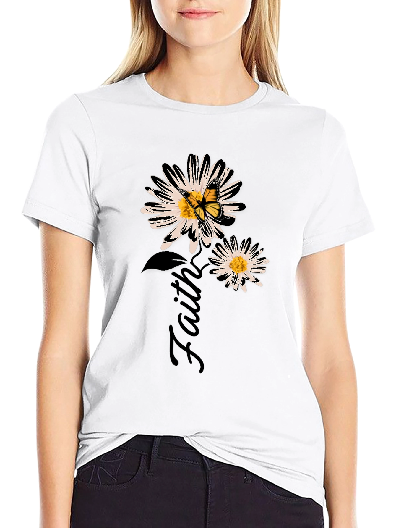 Faith Daisy Butterfly Black Graphic T-Shirt