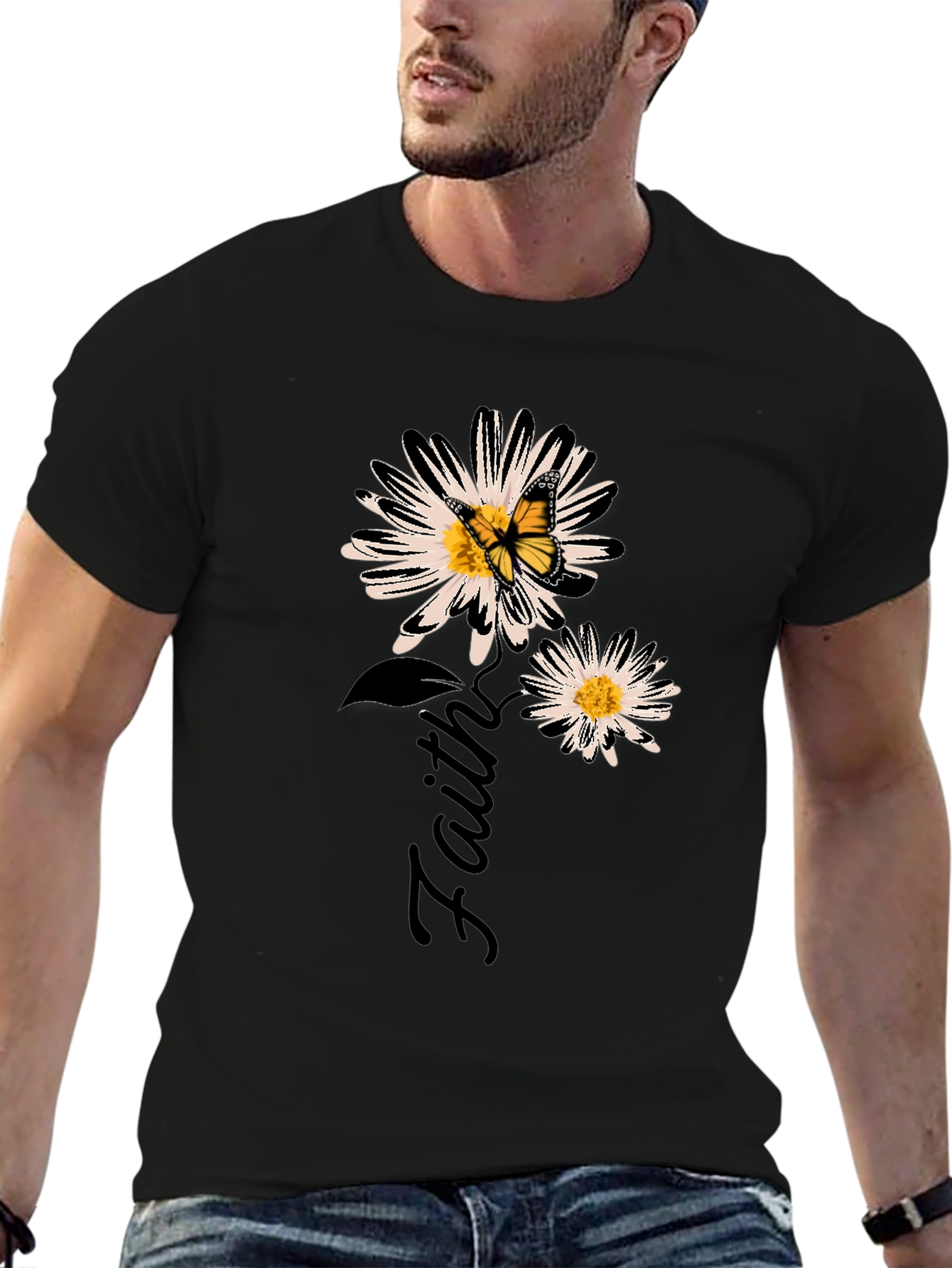 Faith Daisy Butterfly Black Graphic T-Shirt