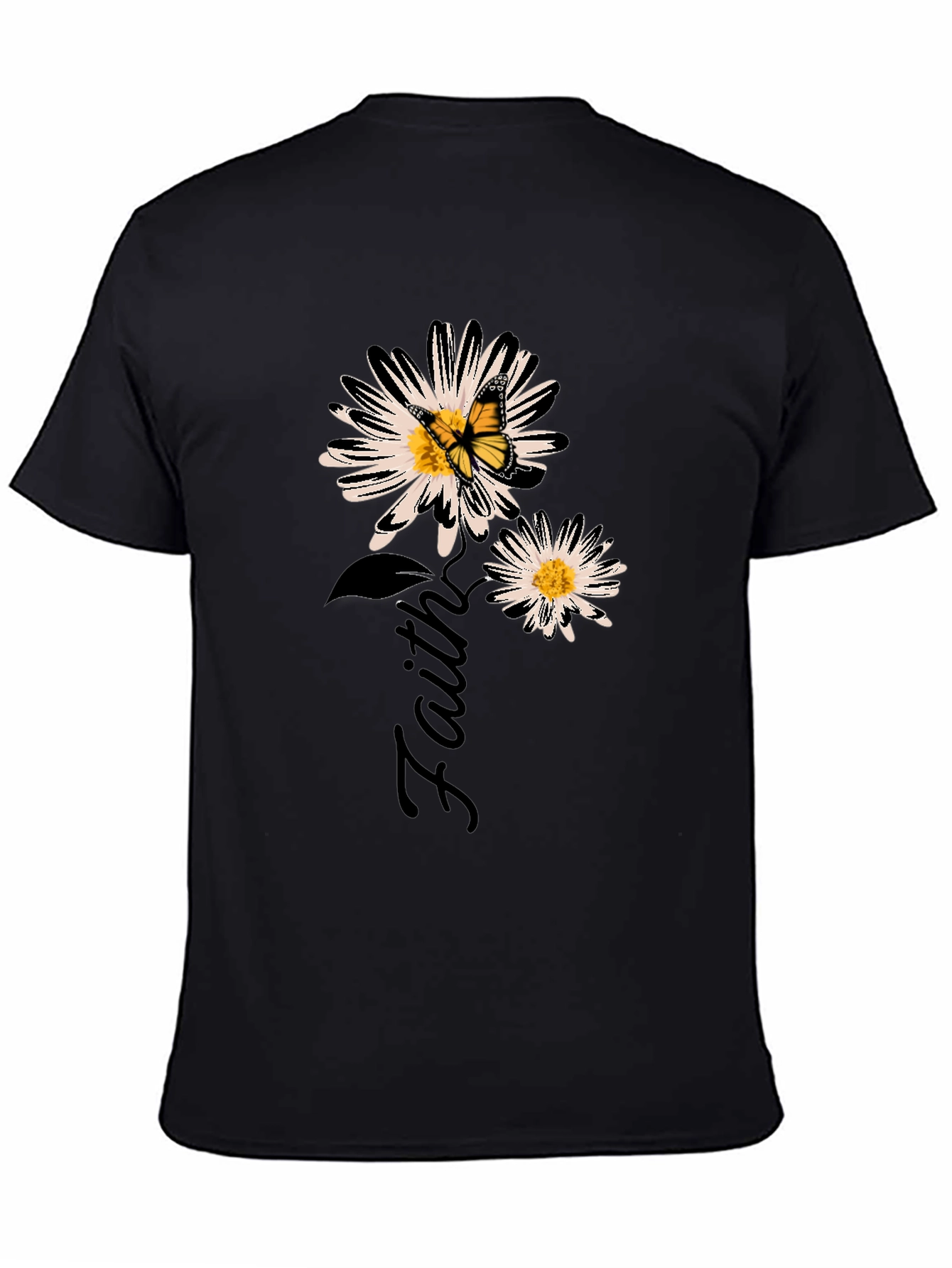 Faith Daisy Butterfly Black Graphic T-Shirt