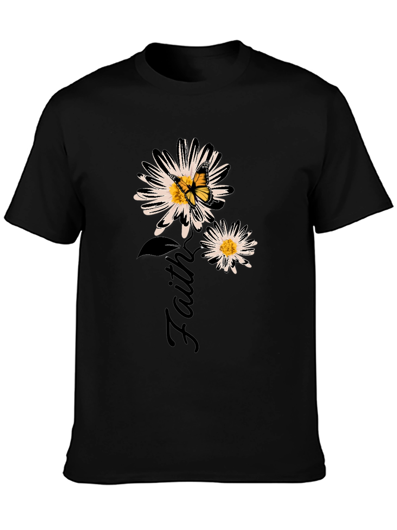 Faith Daisy Butterfly Black Graphic T-Shirt