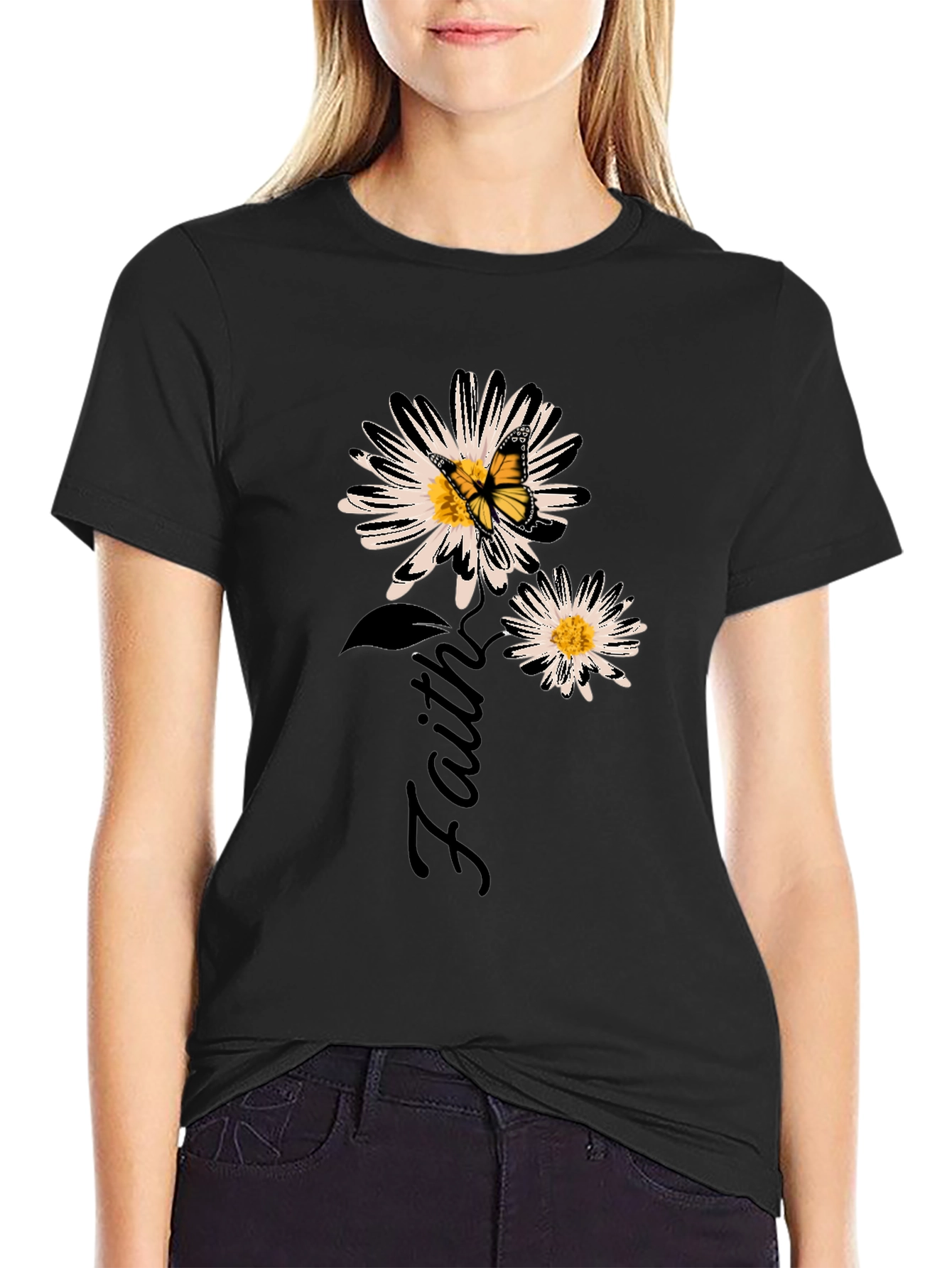 Faith Daisy Butterfly Black Graphic T-Shirt
