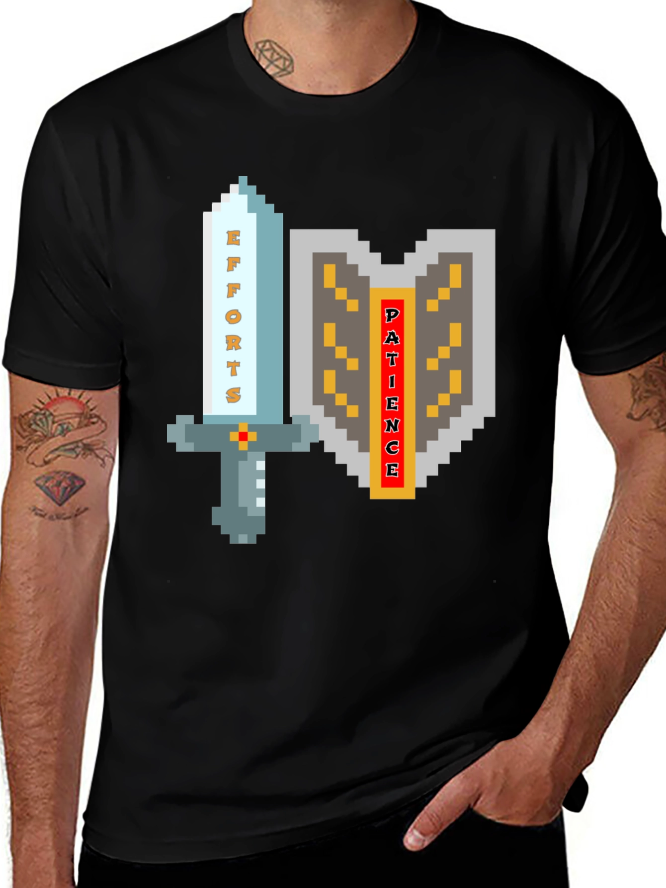 Pixel Art Sword & Shield Mens Black T-Shirt