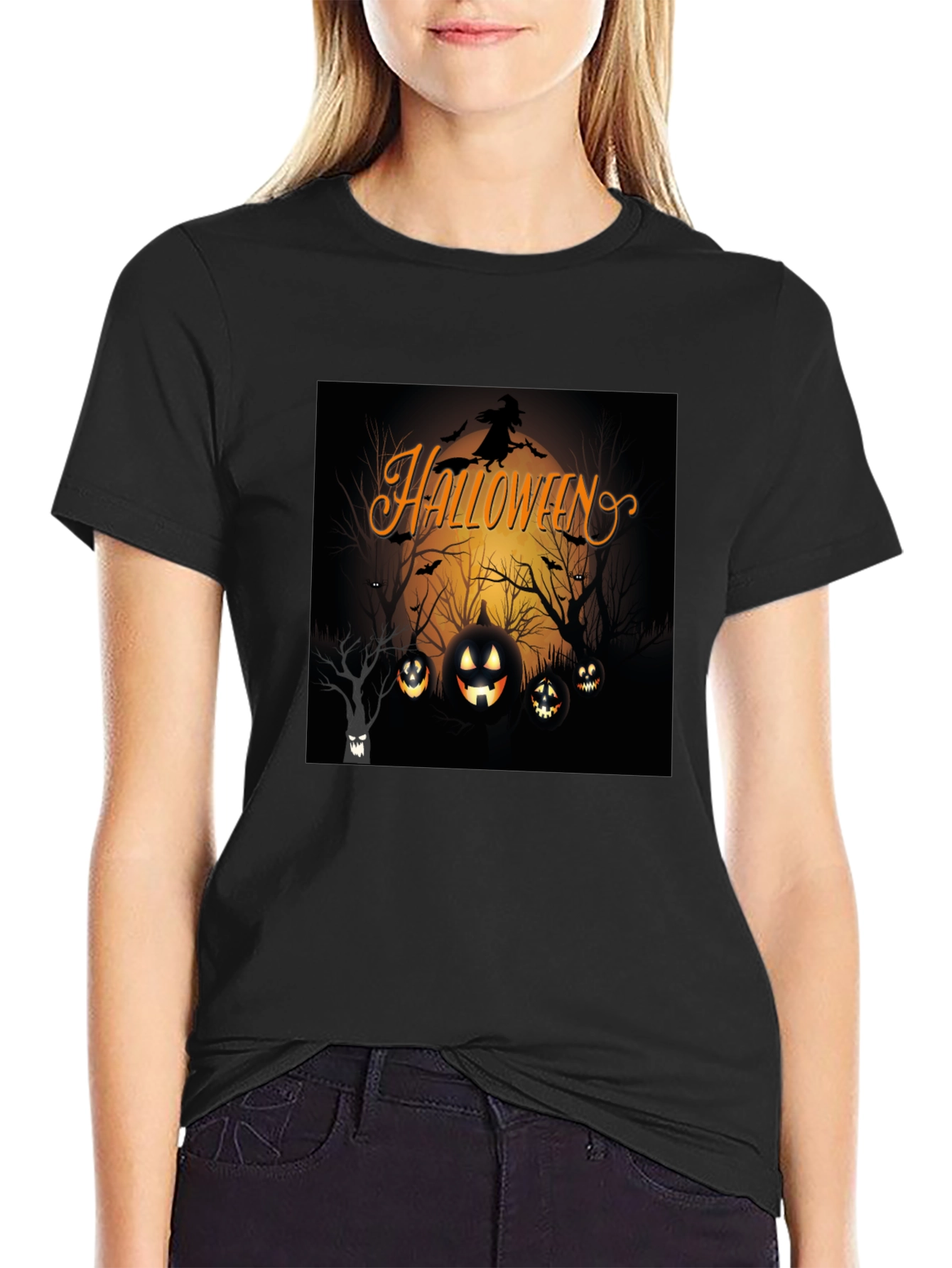 Halloween Witch and Pumpkins Black T-Shirt