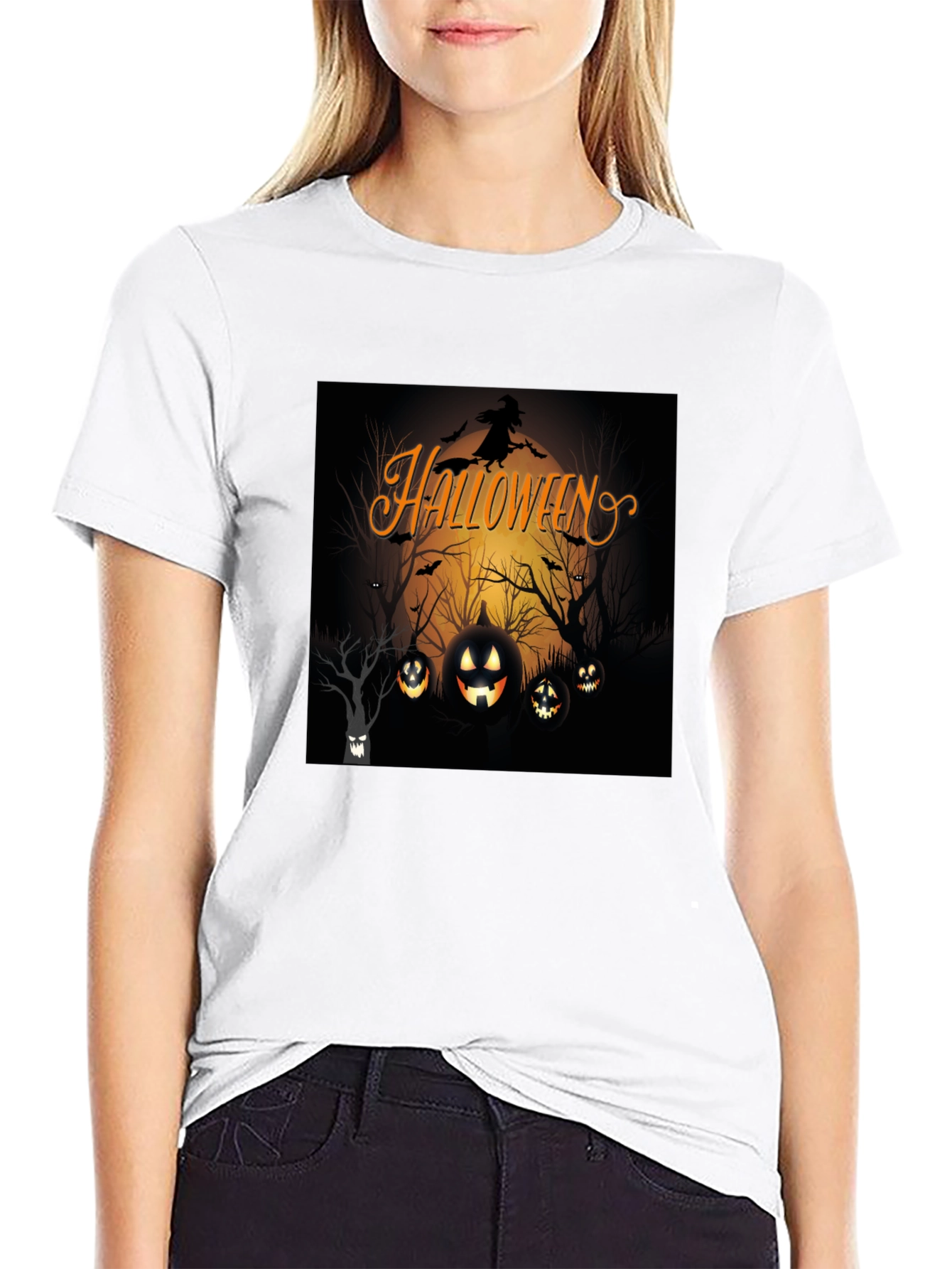 Halloween Witch and Pumpkins Black T-Shirt