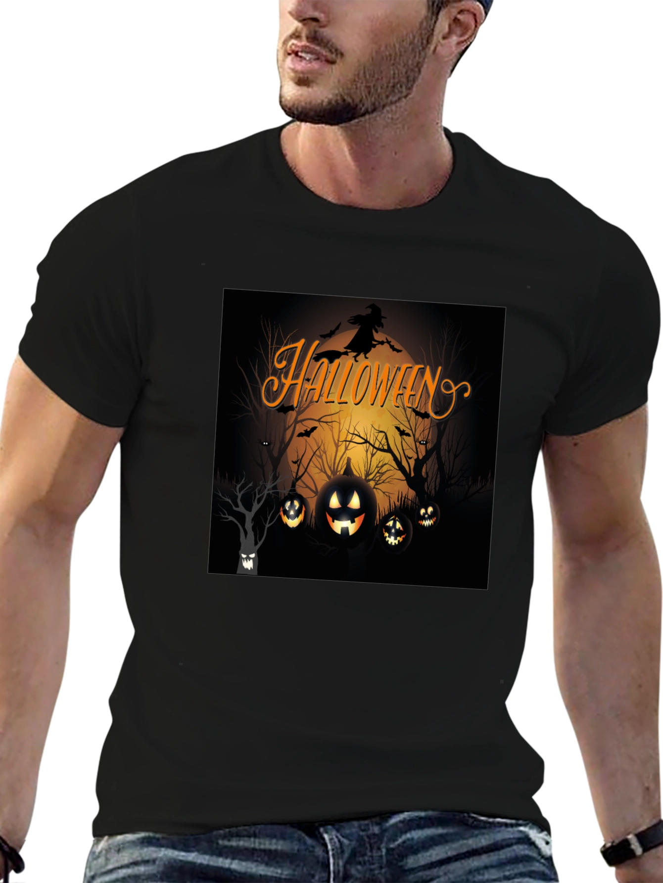 Halloween Witch and Pumpkins Black T-Shirt