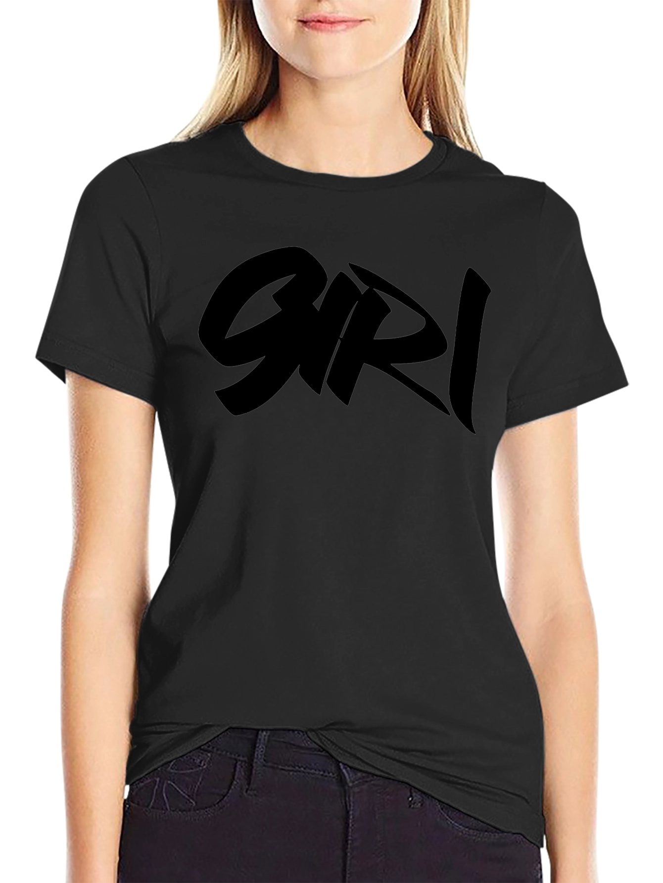 Black Graphic Tee Shirt with Bold Girl Text