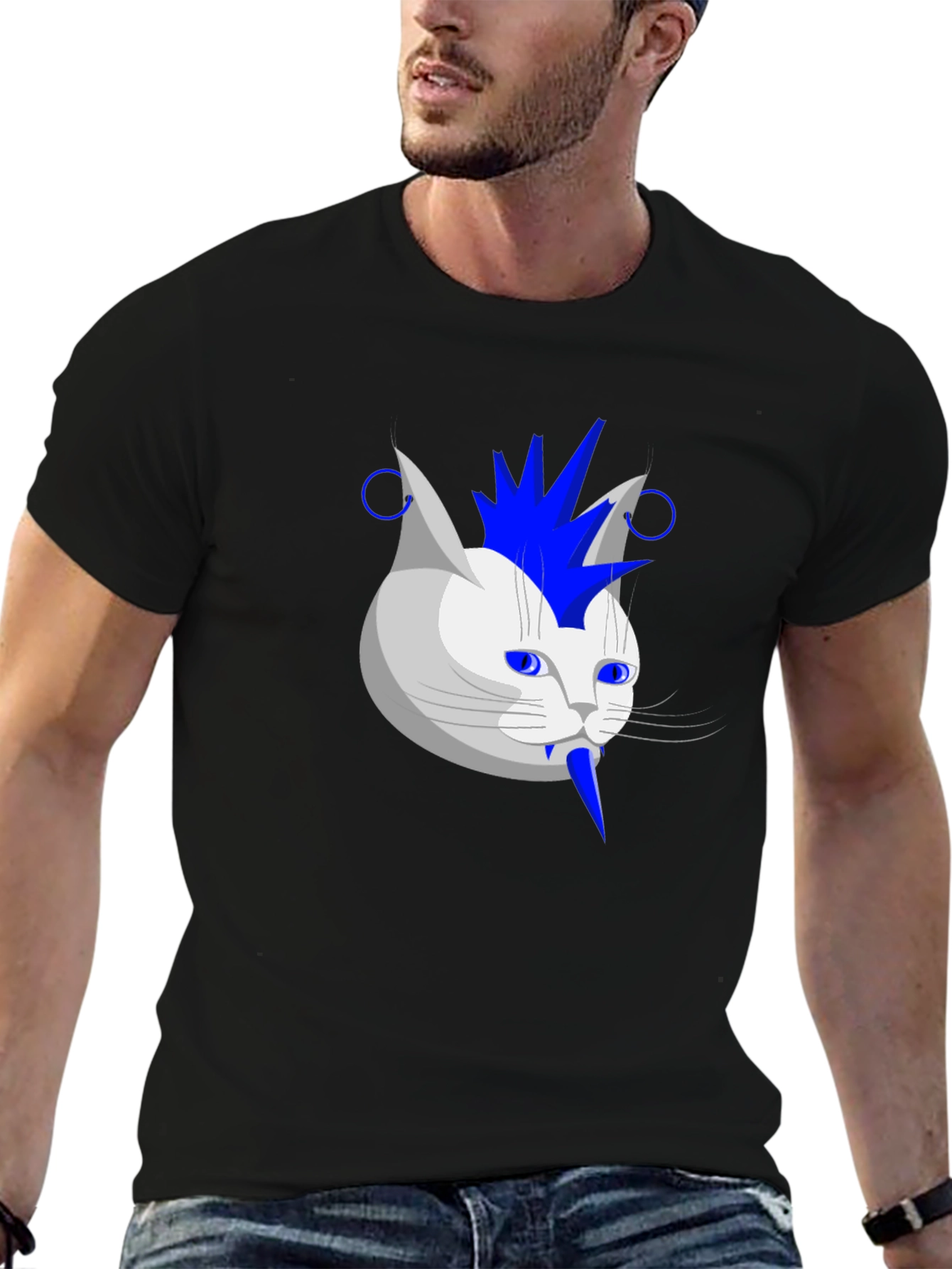 Punk Rock Cat Graphic Tee - Black Cotton T-Shirt