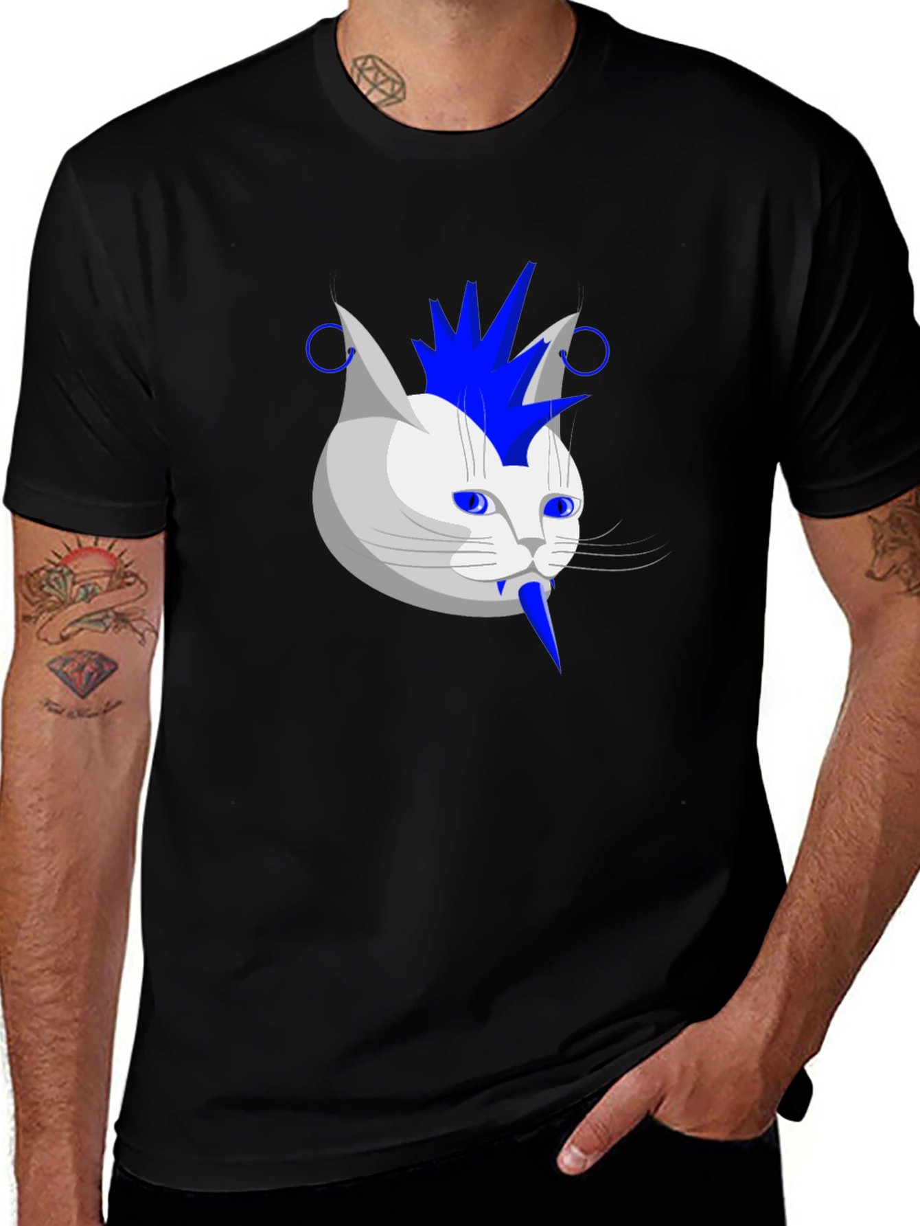 Punk Rock Cat Graphic Tee - Black Cotton T-Shirt
