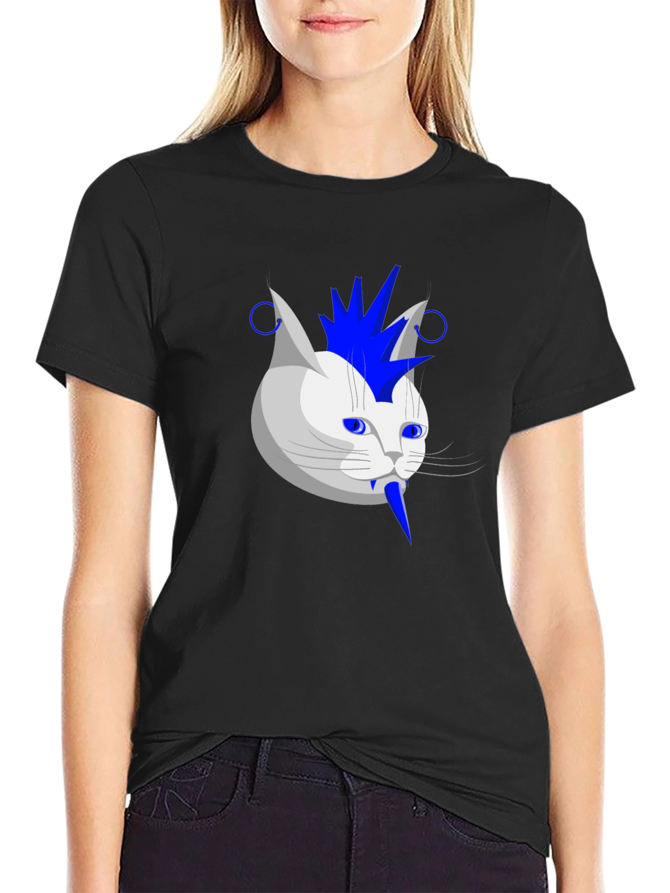 Punk Rock Cat Graphic Tee - Black Cotton T-Shirt