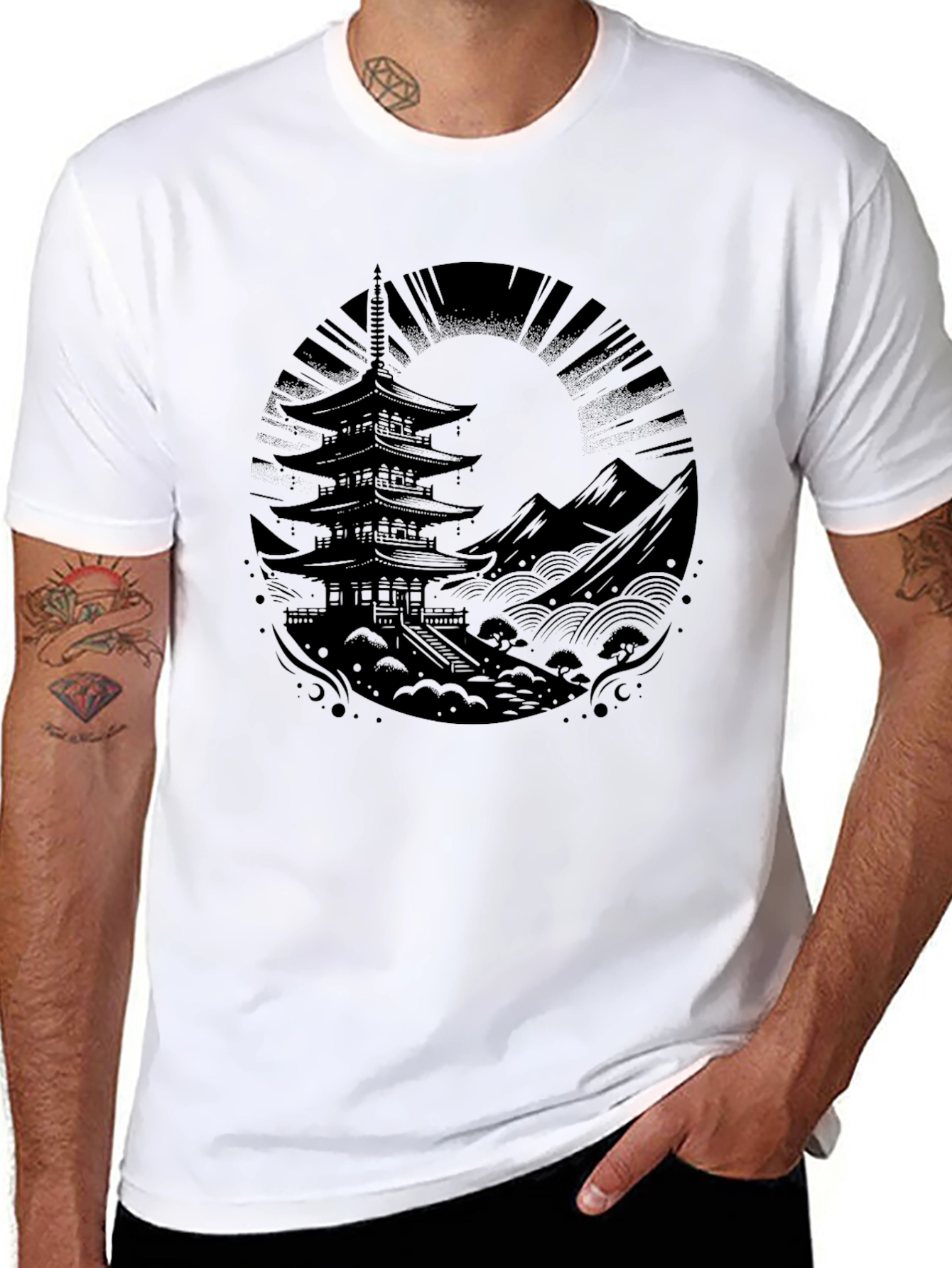 Mens Black Pagoda Graphic Tee