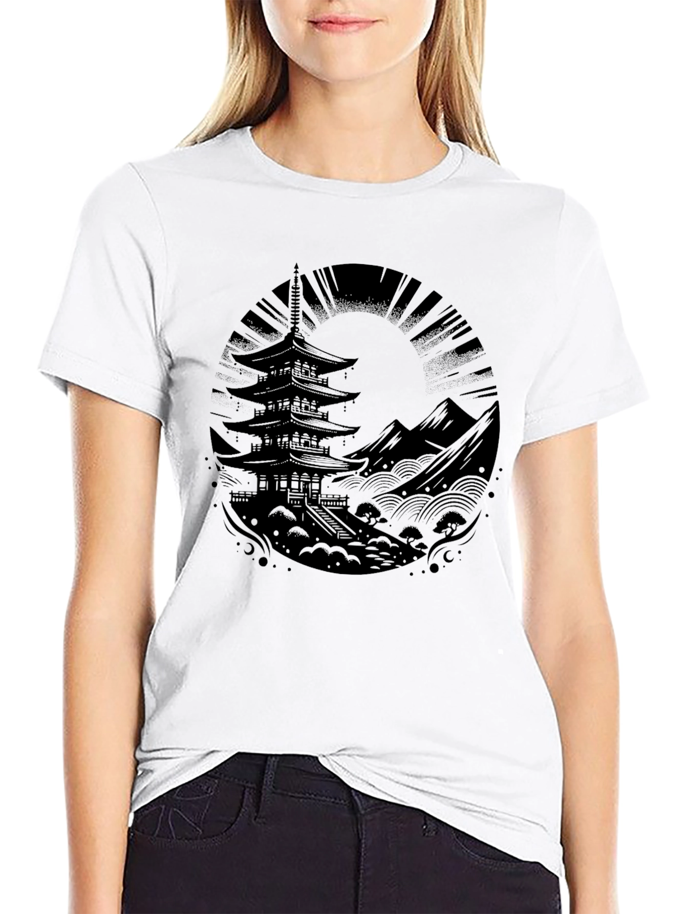 Mens Black Pagoda Graphic Tee