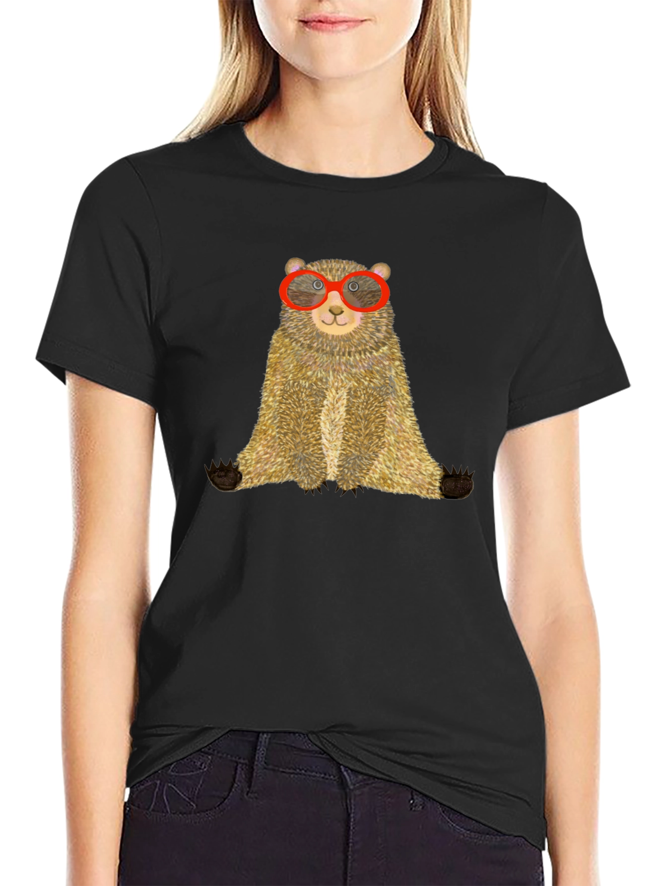 Bear with Glasses Black Tee - Unique Graphic T-Shirt