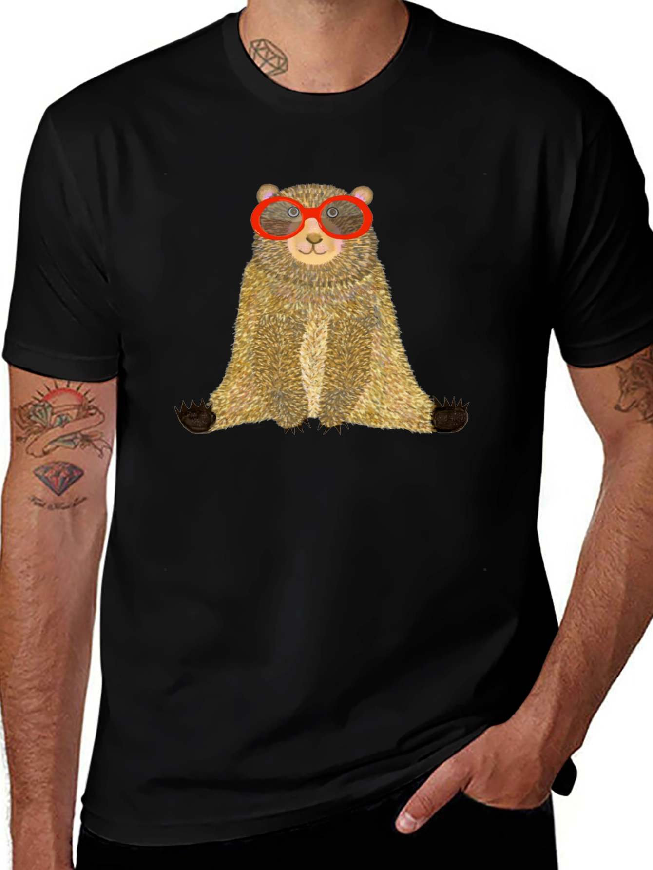 Bear with Glasses Black Tee - Unique Graphic T-Shirt