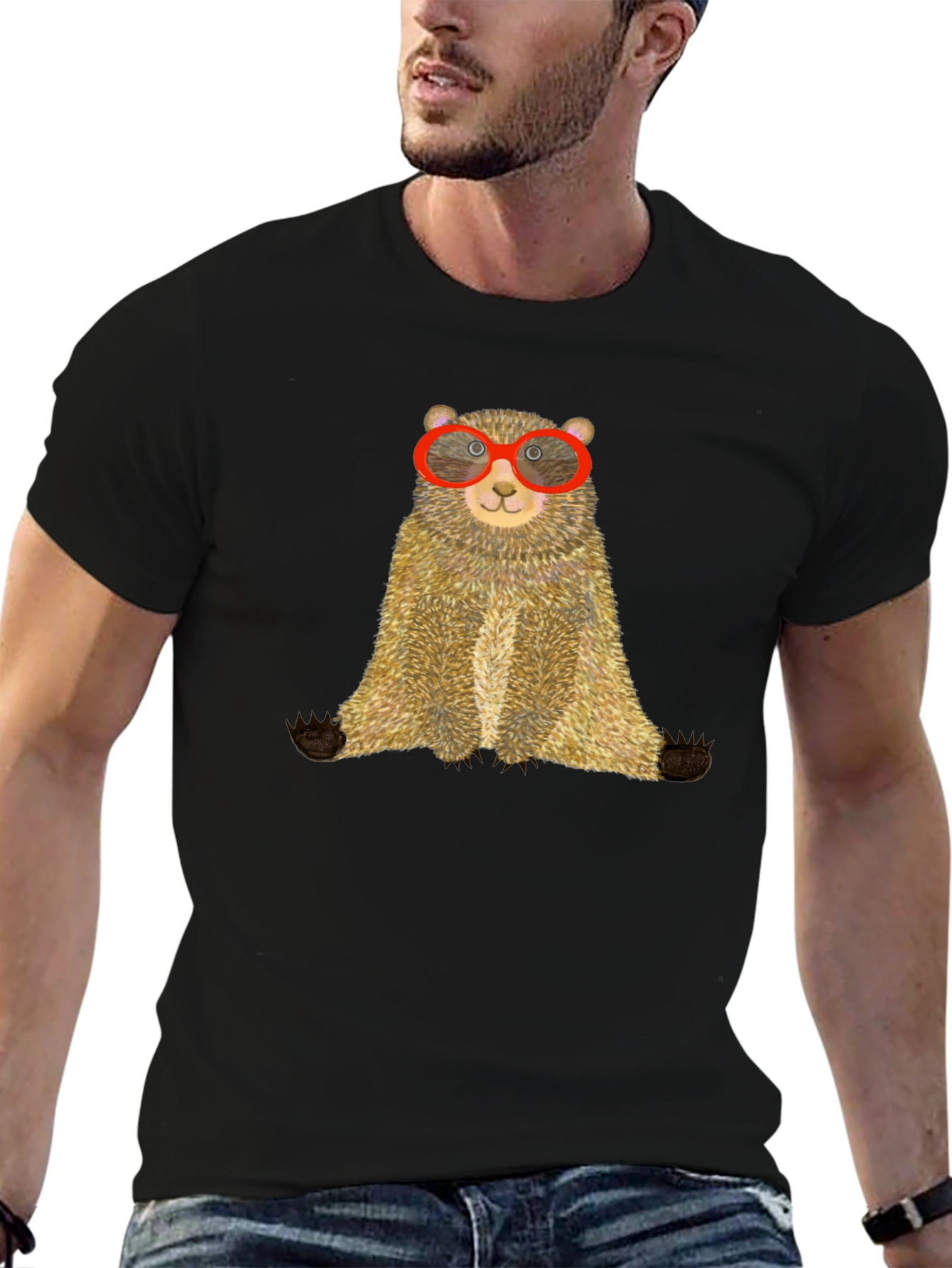 Bear with Glasses Black Tee - Unique Graphic T-Shirt