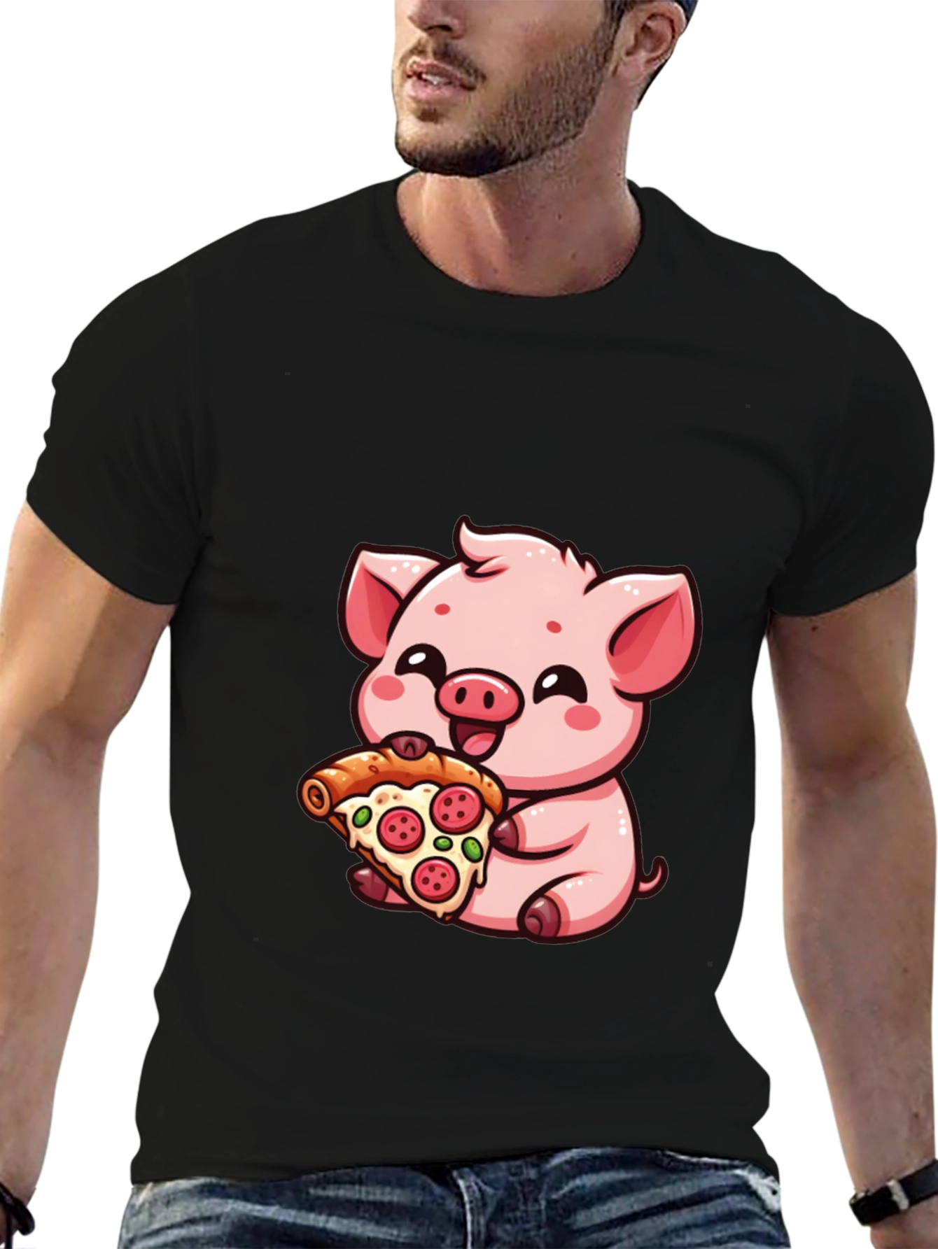 Cute Pig Pizza Lover T-Shirt - Black