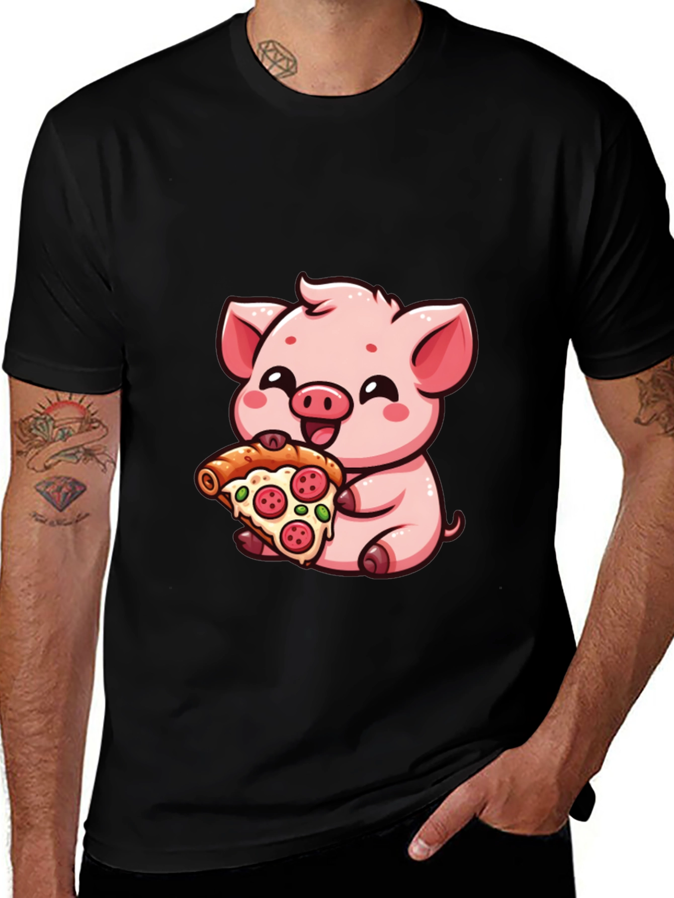 Cute Pig Pizza Lover T-Shirt - Black
