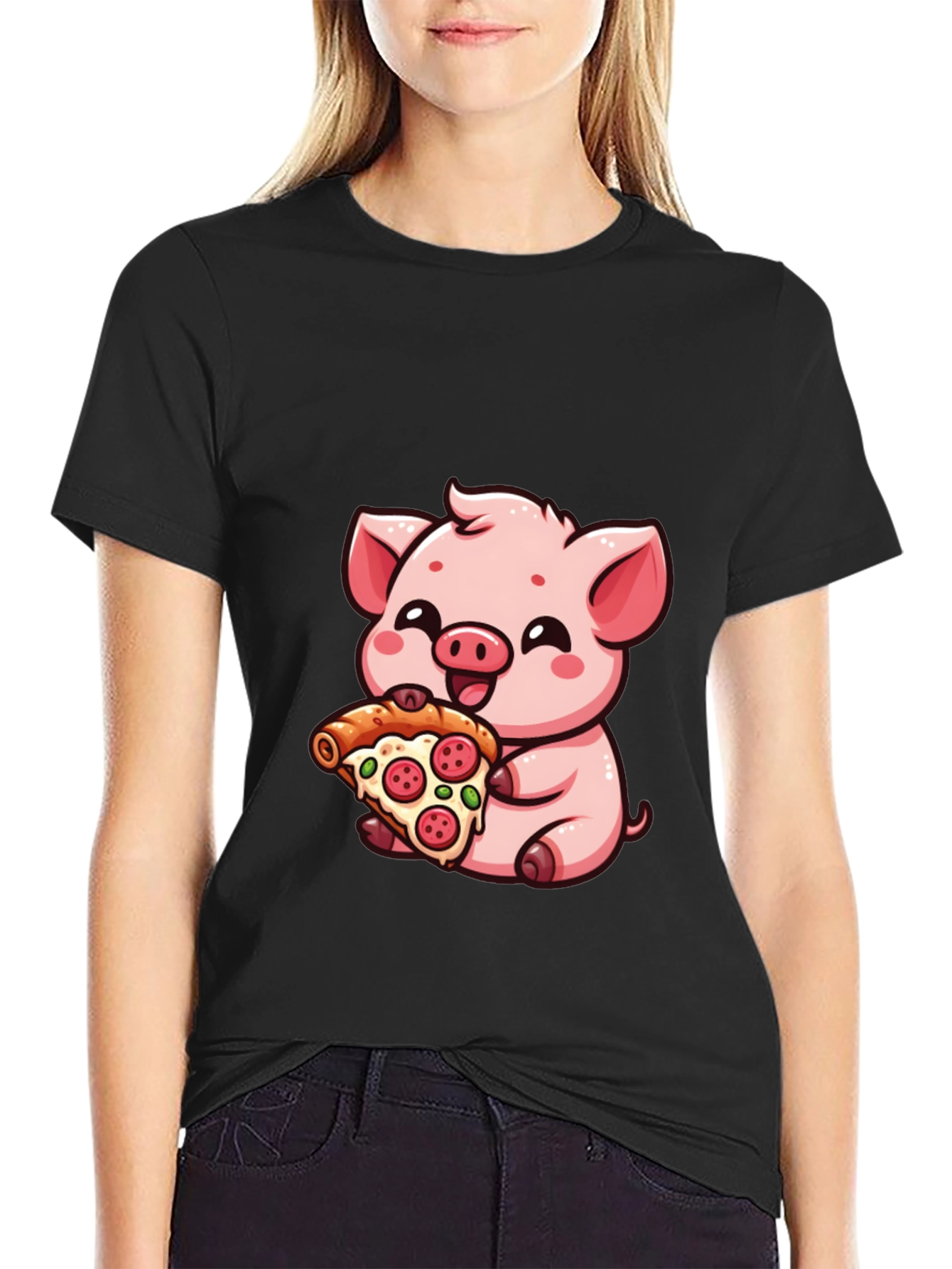 Cute Pig Pizza Lover T-Shirt - Black