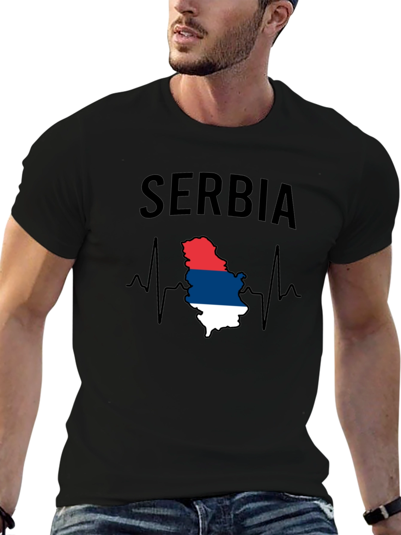 Serbia Flag Heartbeat Mens Black T-Shirt