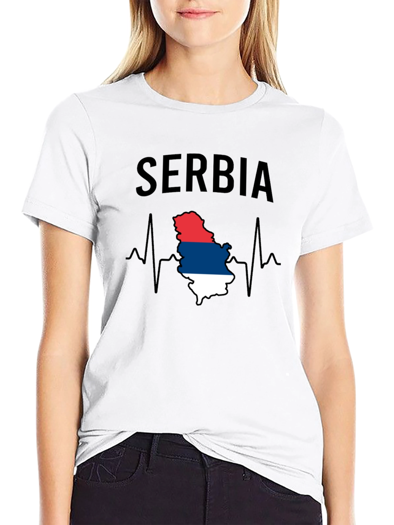 Serbia Flag Heartbeat Mens Black T-Shirt