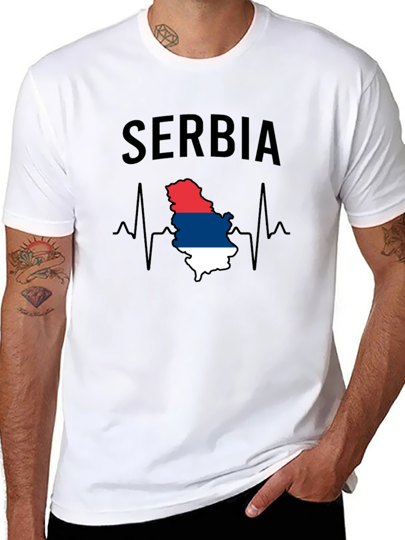 Serbia Flag Heartbeat Mens Black T-Shirt