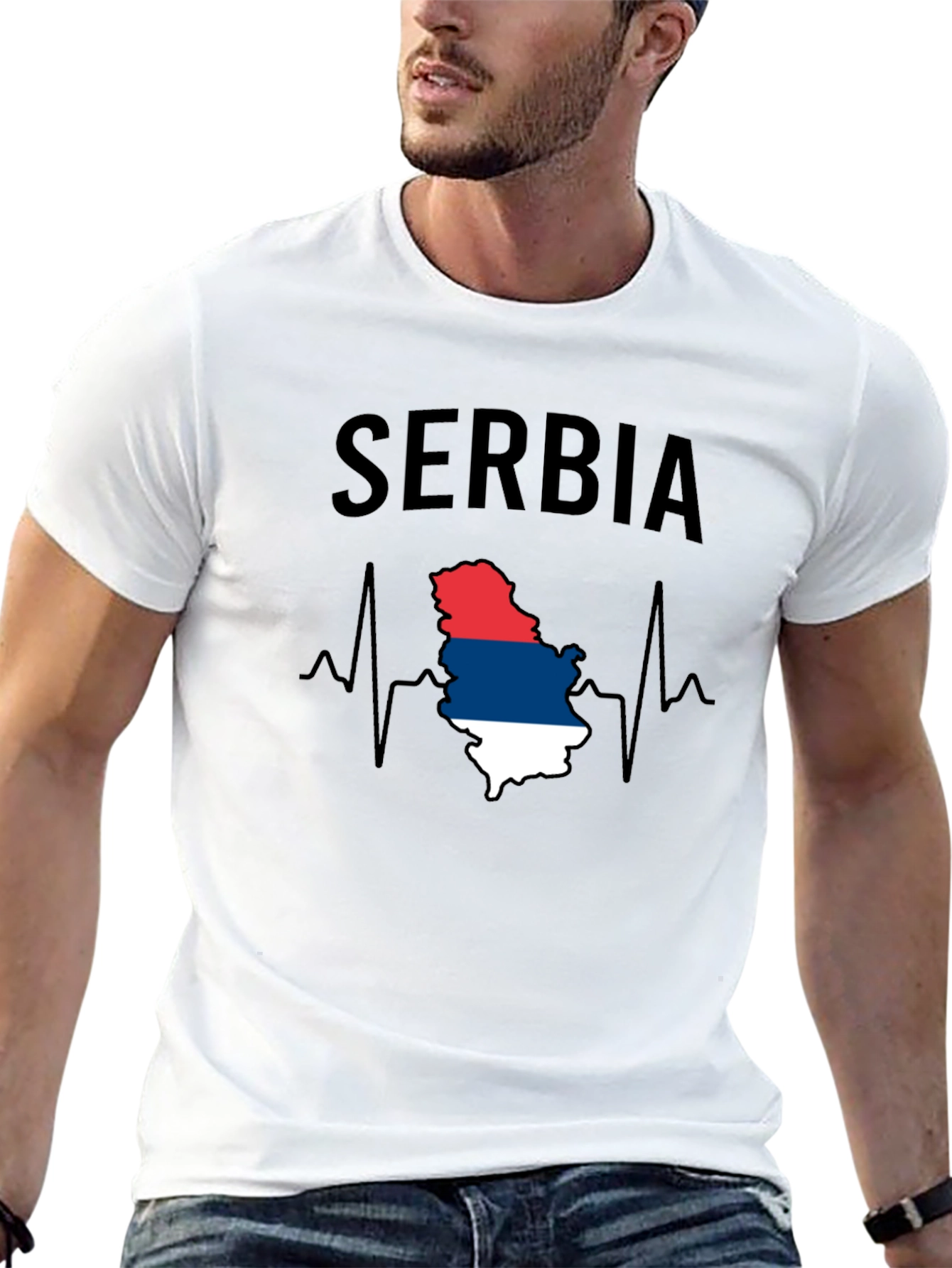Serbia Flag Heartbeat Mens Black T-Shirt