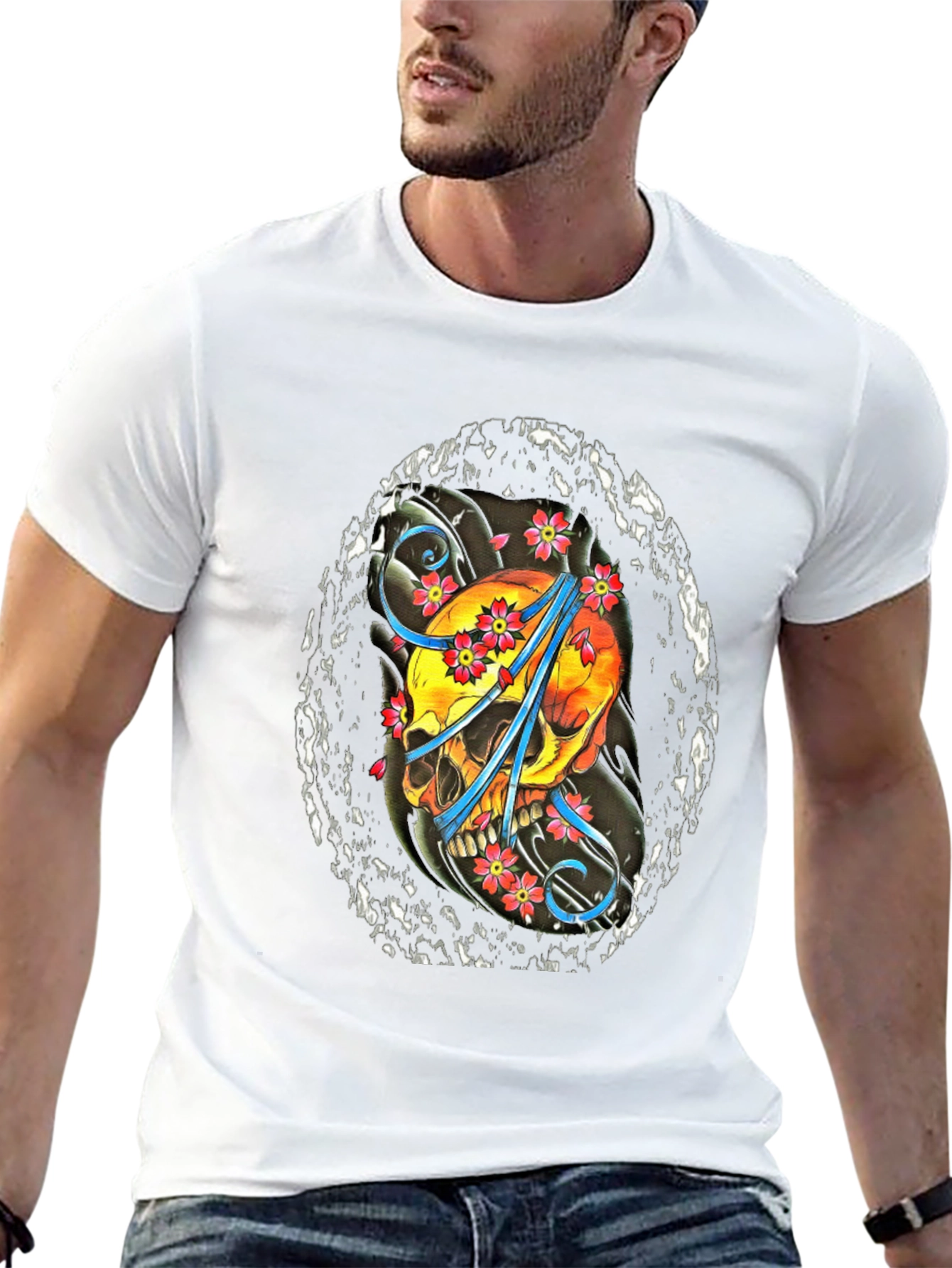 Skull & Flowers Graphic T-Shirt - Stylish Cotton Tee