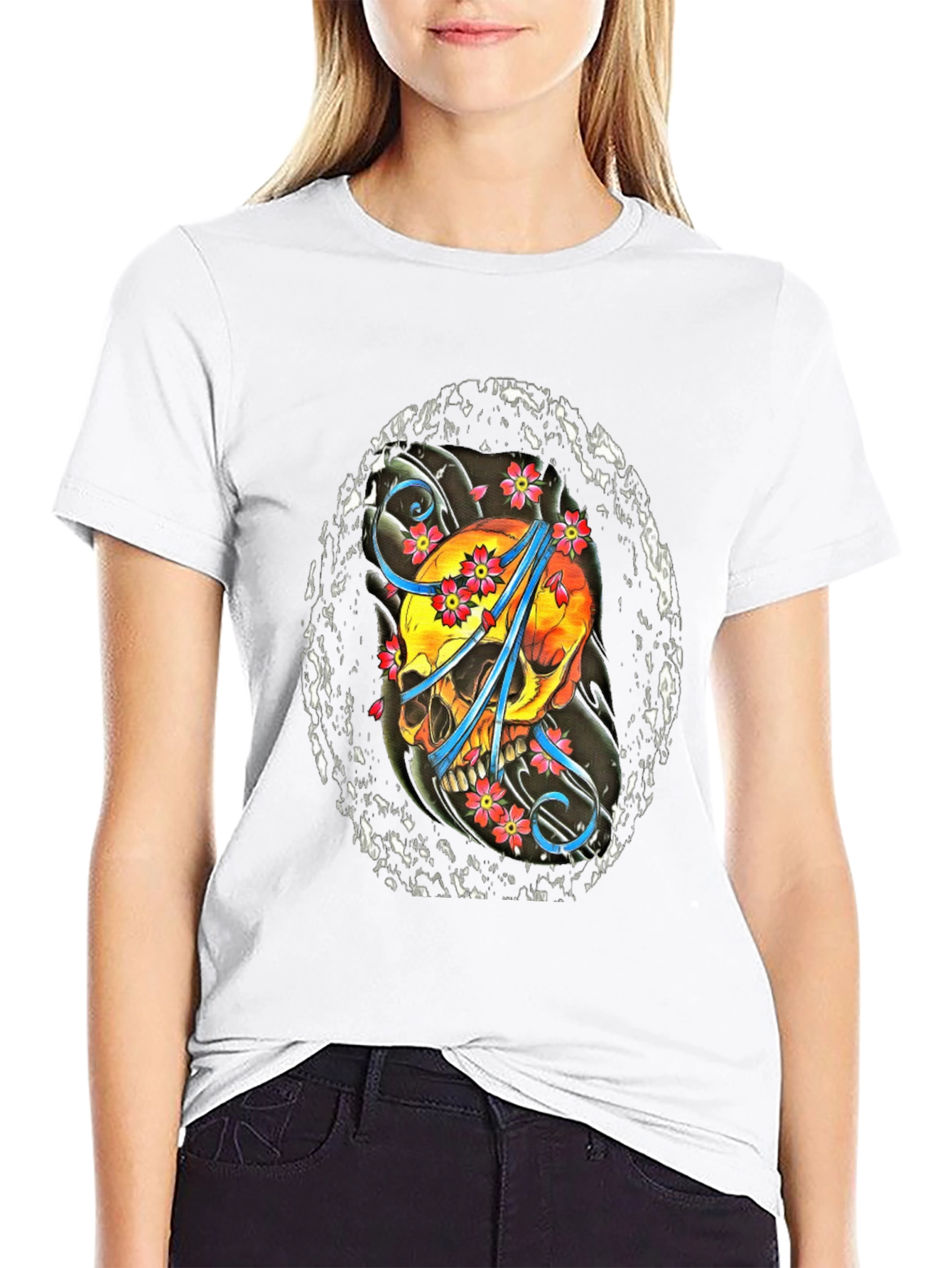 Skull & Flowers Graphic T-Shirt - Stylish Cotton Tee
