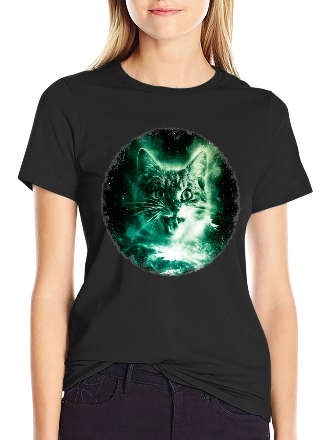 Galaxy Cat Graphic Print Black T-Shirt