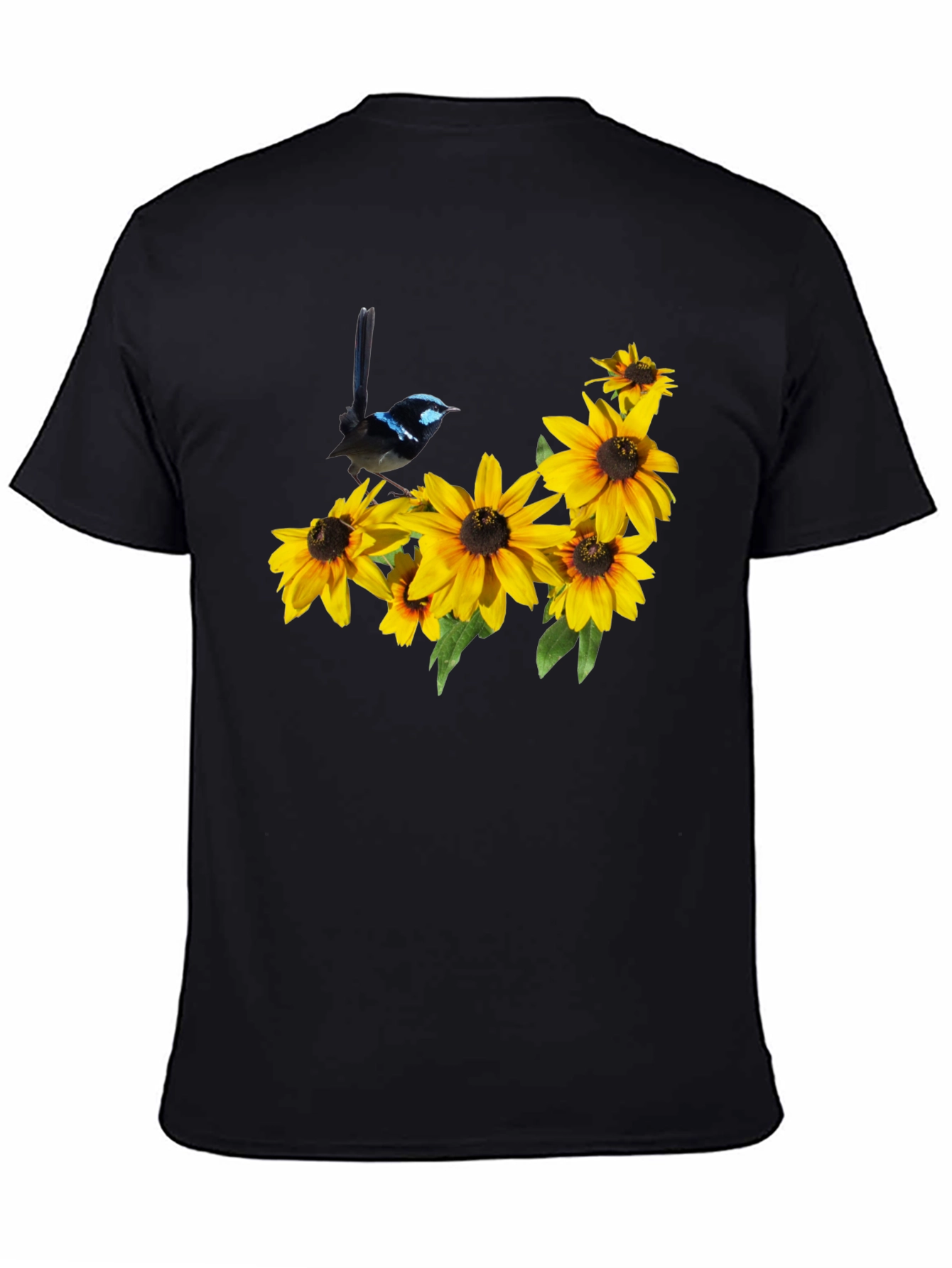 Black T-Shirt with Bird and Sunflower Graphic