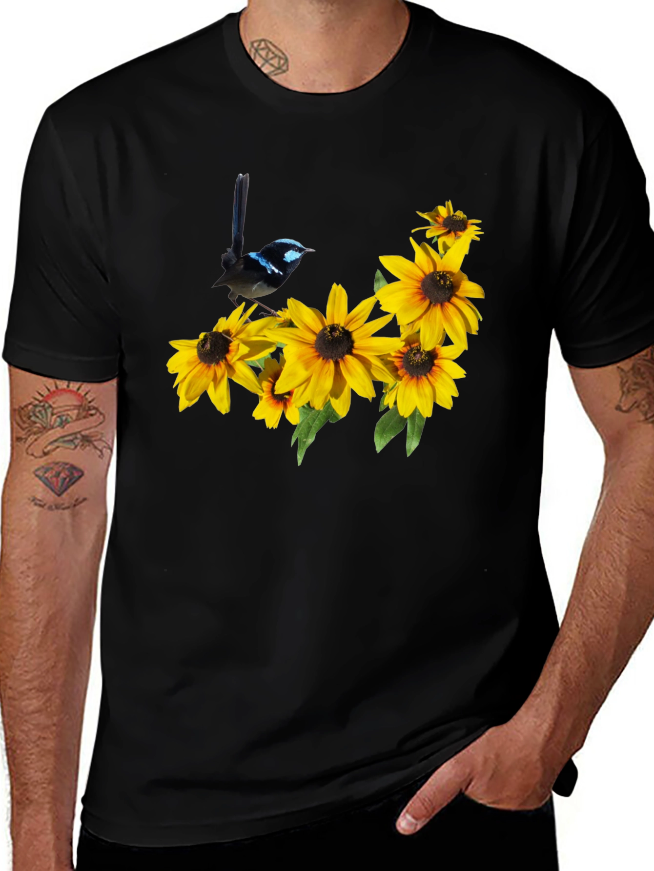 Black T-Shirt with Bird and Sunflower Graphic