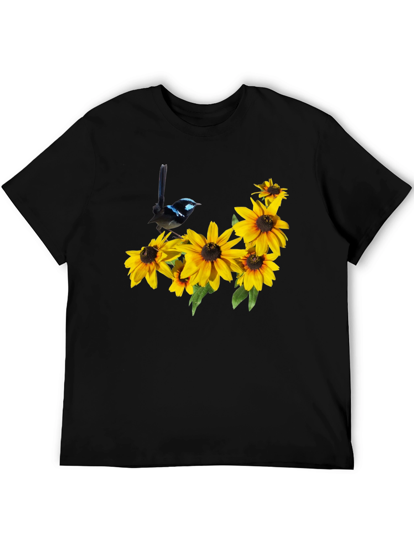 Black T-Shirt with Bird and Sunflower Graphic