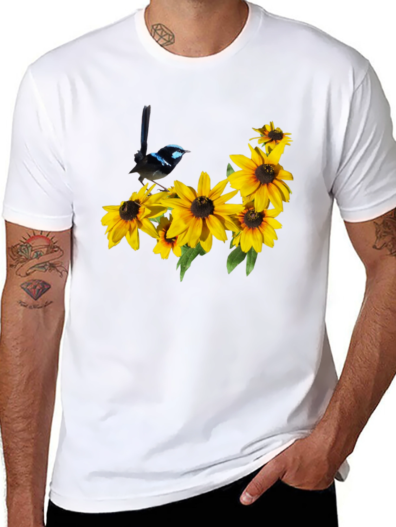 Black T-Shirt with Bird and Sunflower Graphic