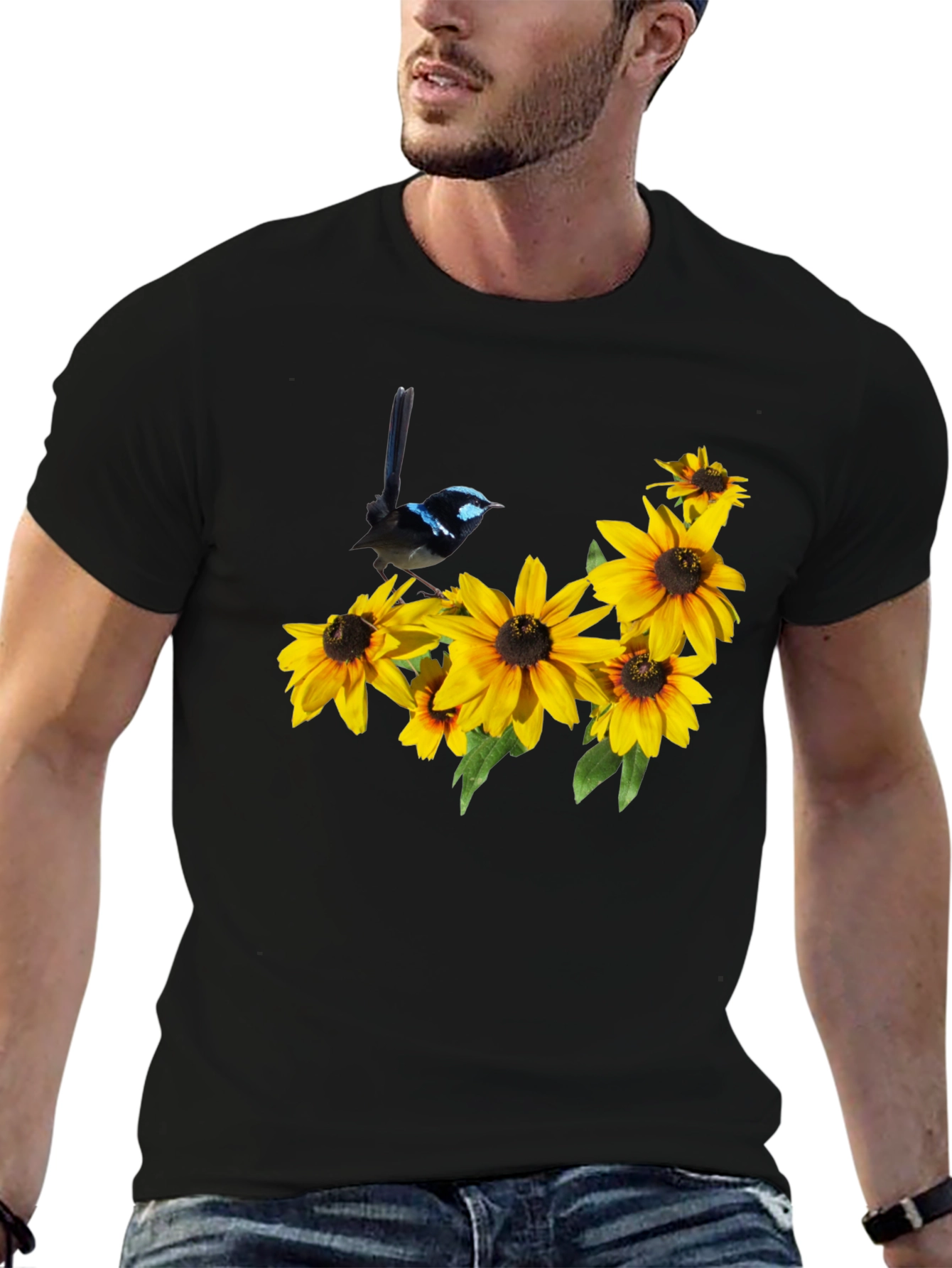 Black T-Shirt with Bird and Sunflower Graphic