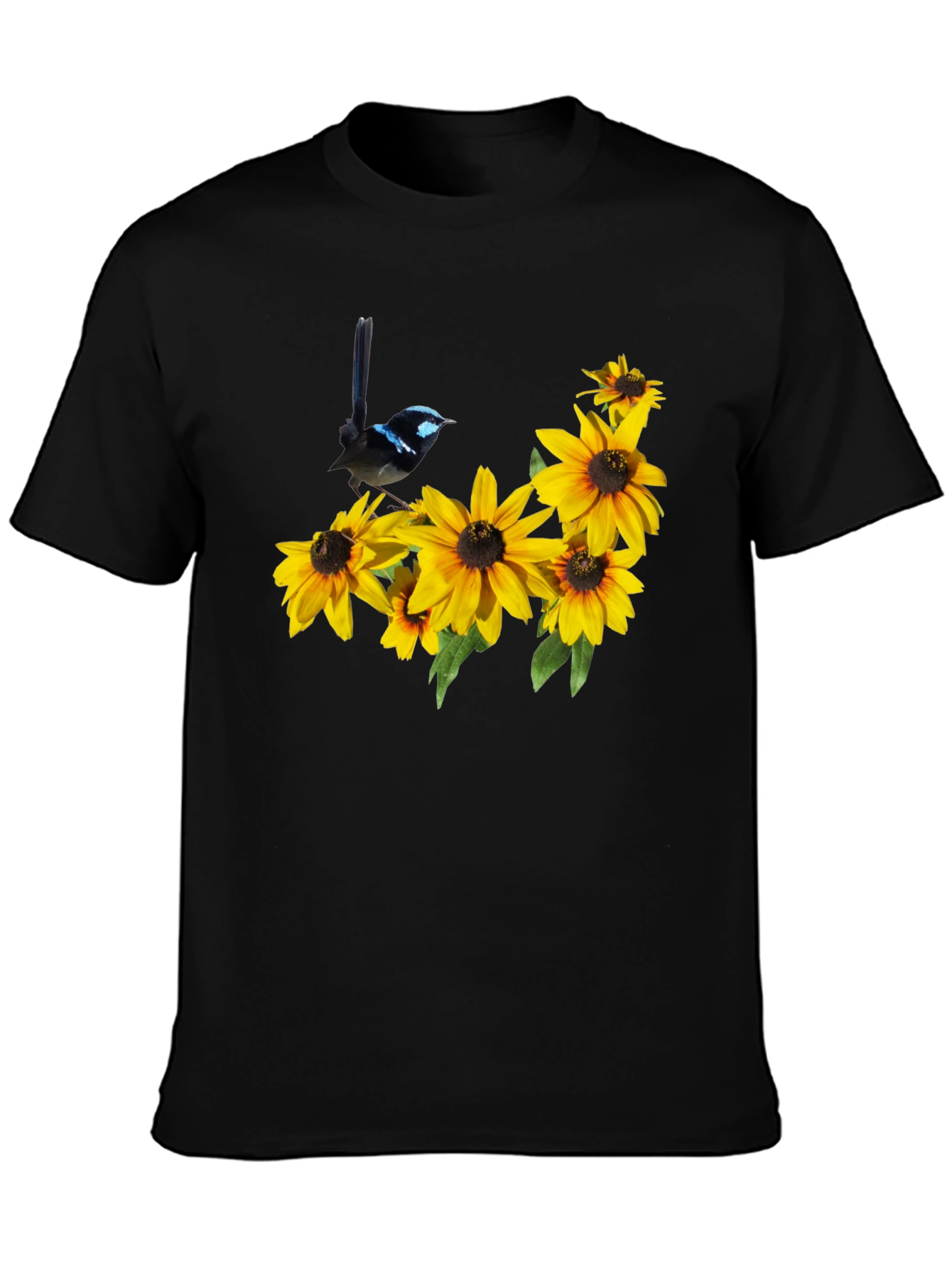 Black T-Shirt with Bird and Sunflower Graphic