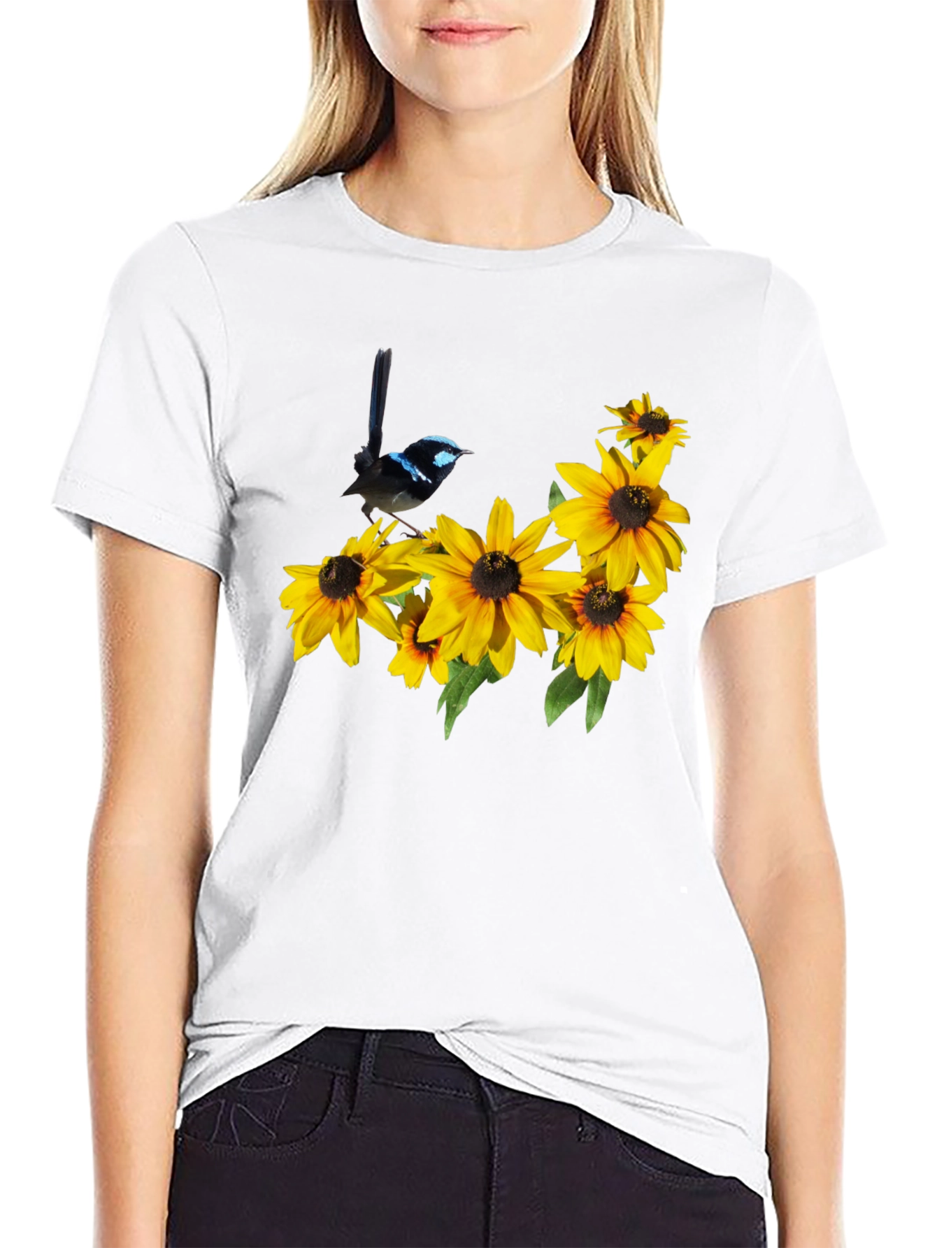Black T-Shirt with Bird and Sunflower Graphic